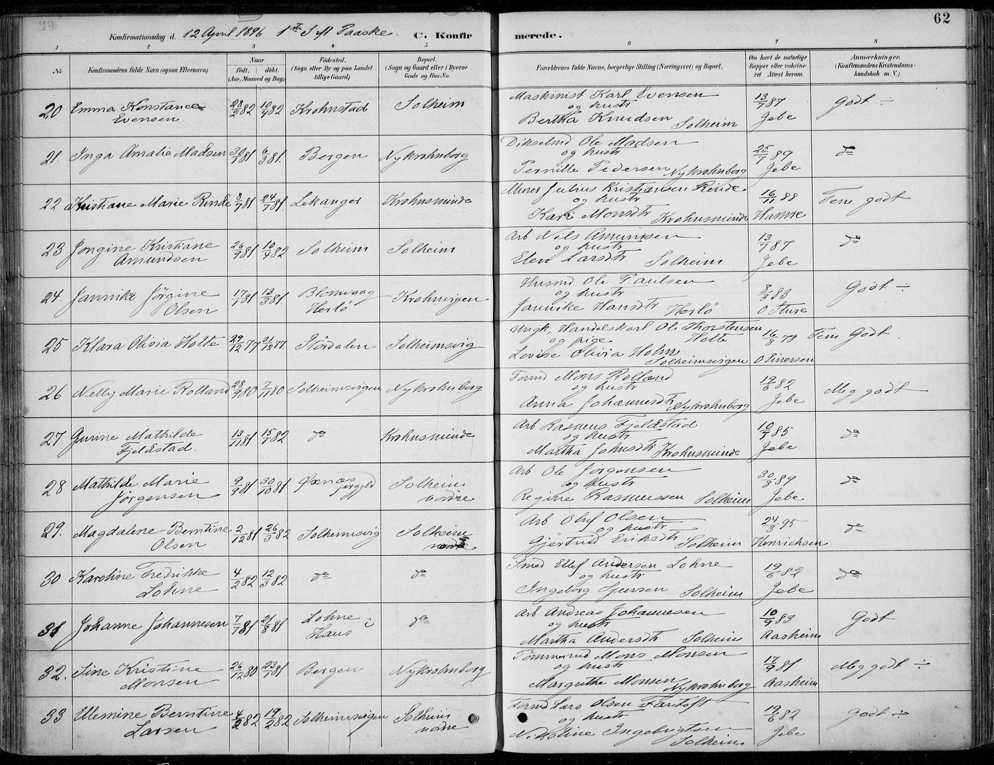 Årstad Sokneprestembete, AV/SAB-A-79301/H/Haa/L0006: Parish register (official) no. B 1, 1886-1901, p. 62