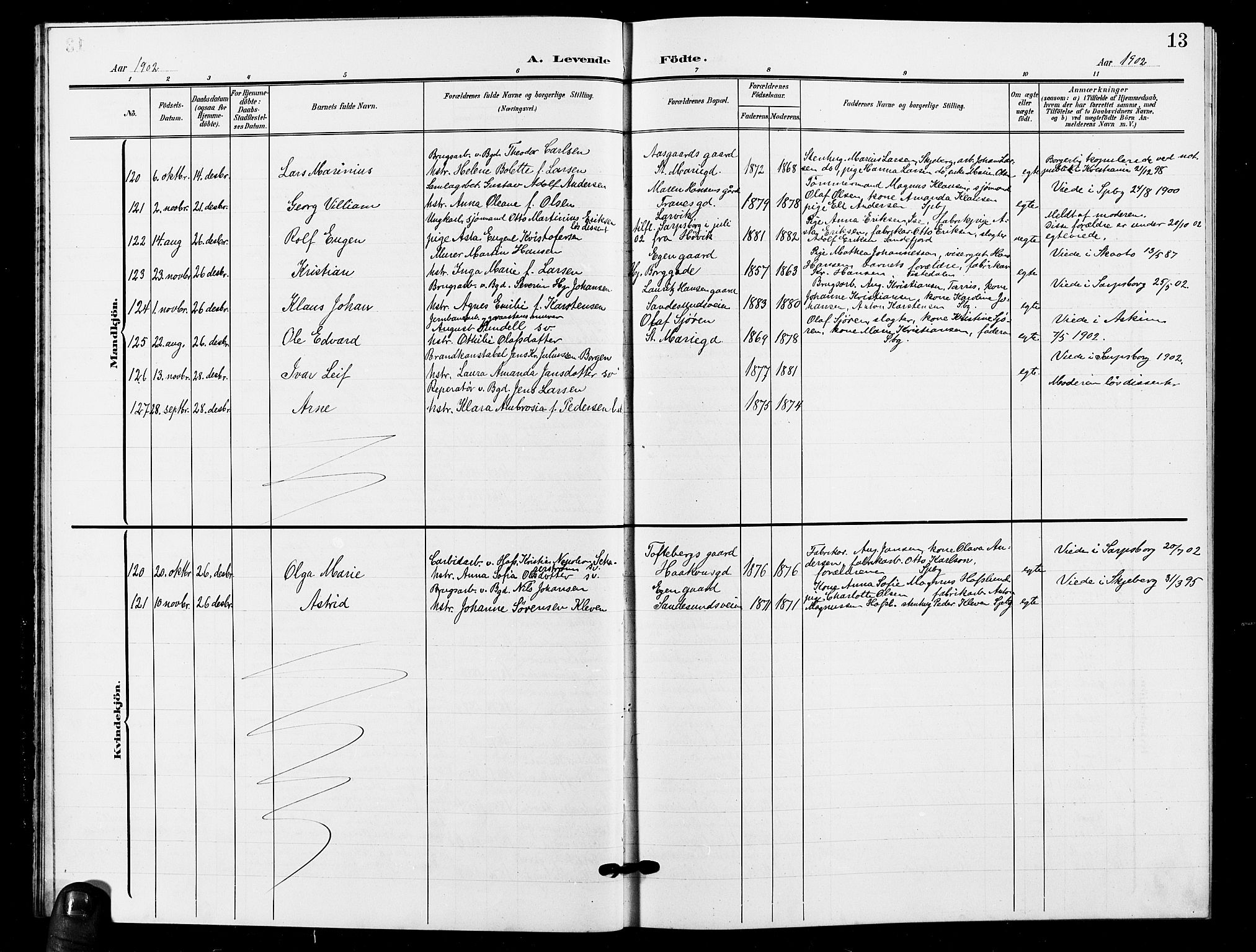 Sarpsborg prestekontor Kirkebøker, AV/SAO-A-2006/G/Ga/L0001: Parish register (copy) no. 1, 1902-1911, p. 13