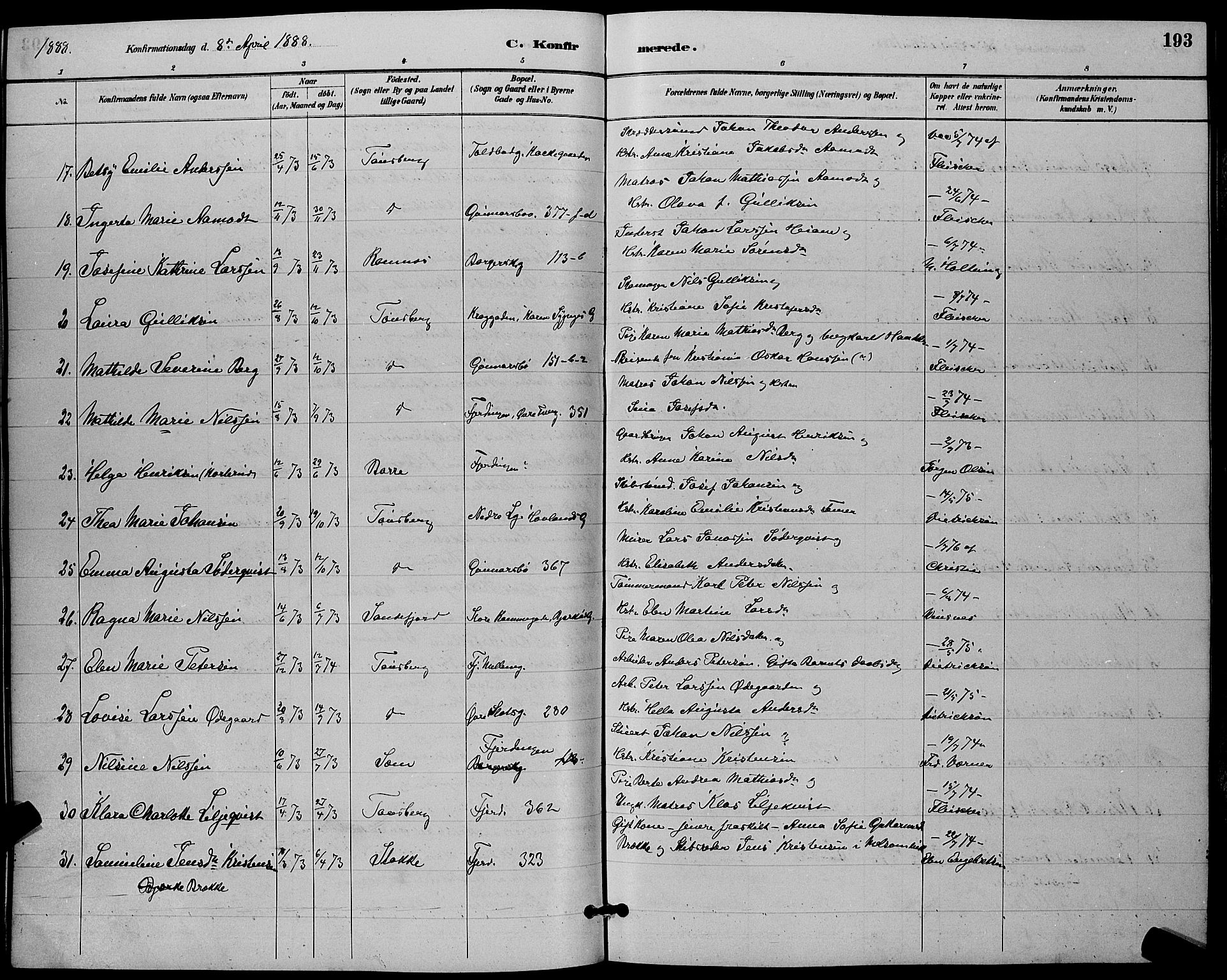 Tønsberg kirkebøker, AV/SAKO-A-330/G/Ga/L0006: Parish register (copy) no. 6, 1885-1895, p. 193