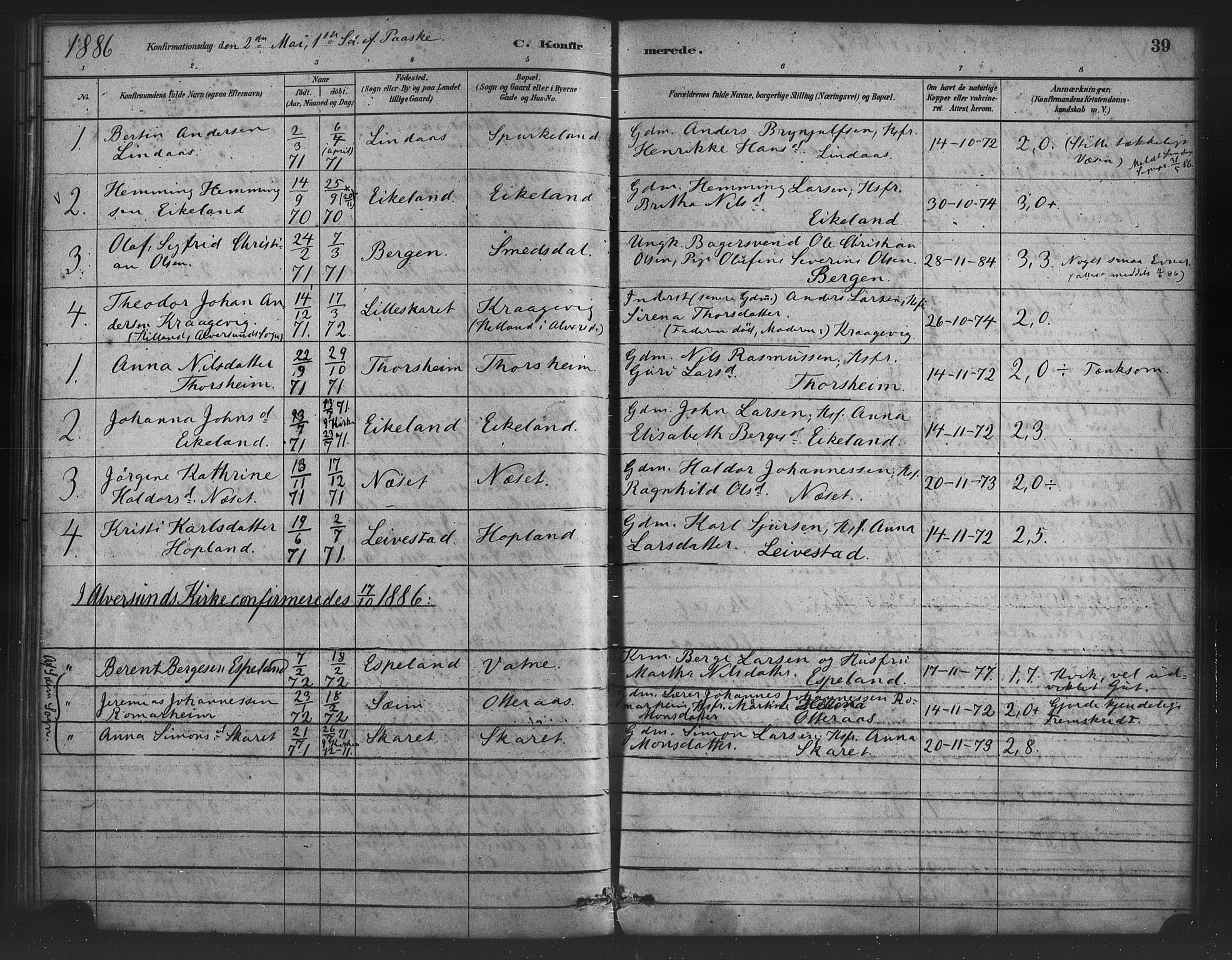 Alversund Sokneprestembete, SAB/A-73901/H/Ha/Haa/Haad/L0001: Parish register (official) no. D 1, 1880-1898, p. 39