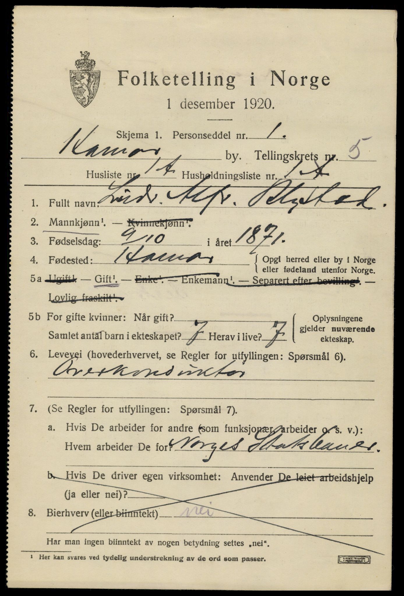 SAH, 1920 census for Hamar, 1920, p. 9257