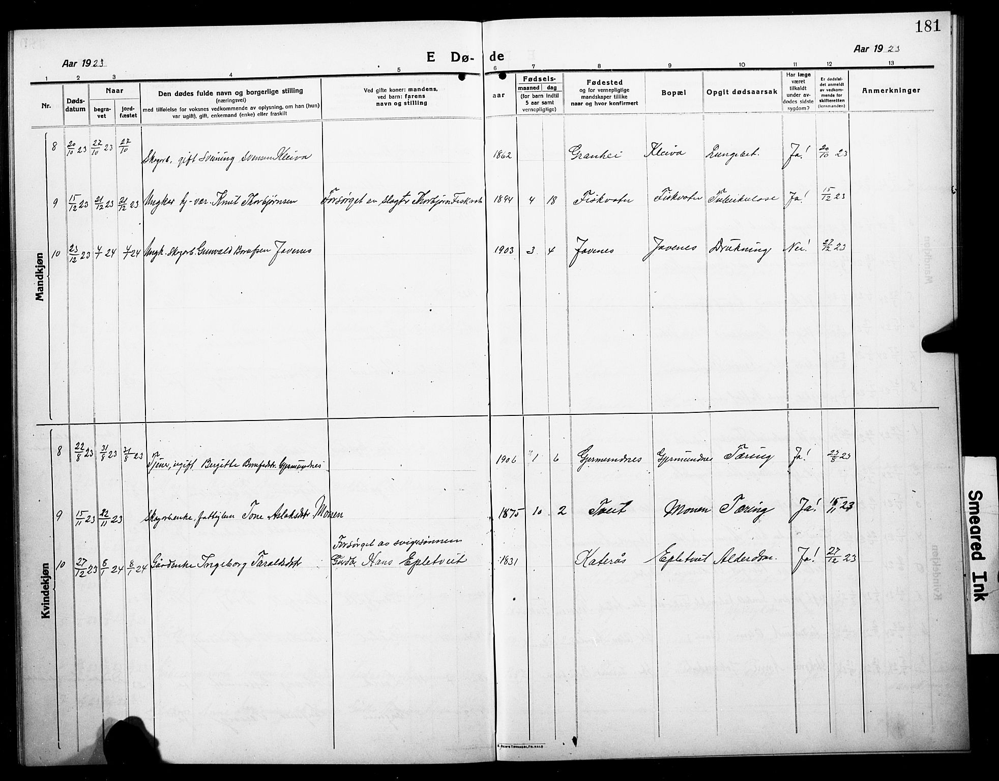 Åmli sokneprestkontor, AV/SAK-1111-0050/F/Fb/Fbc/L0006: Parish register (copy) no. B 6, 1915-1929, p. 181