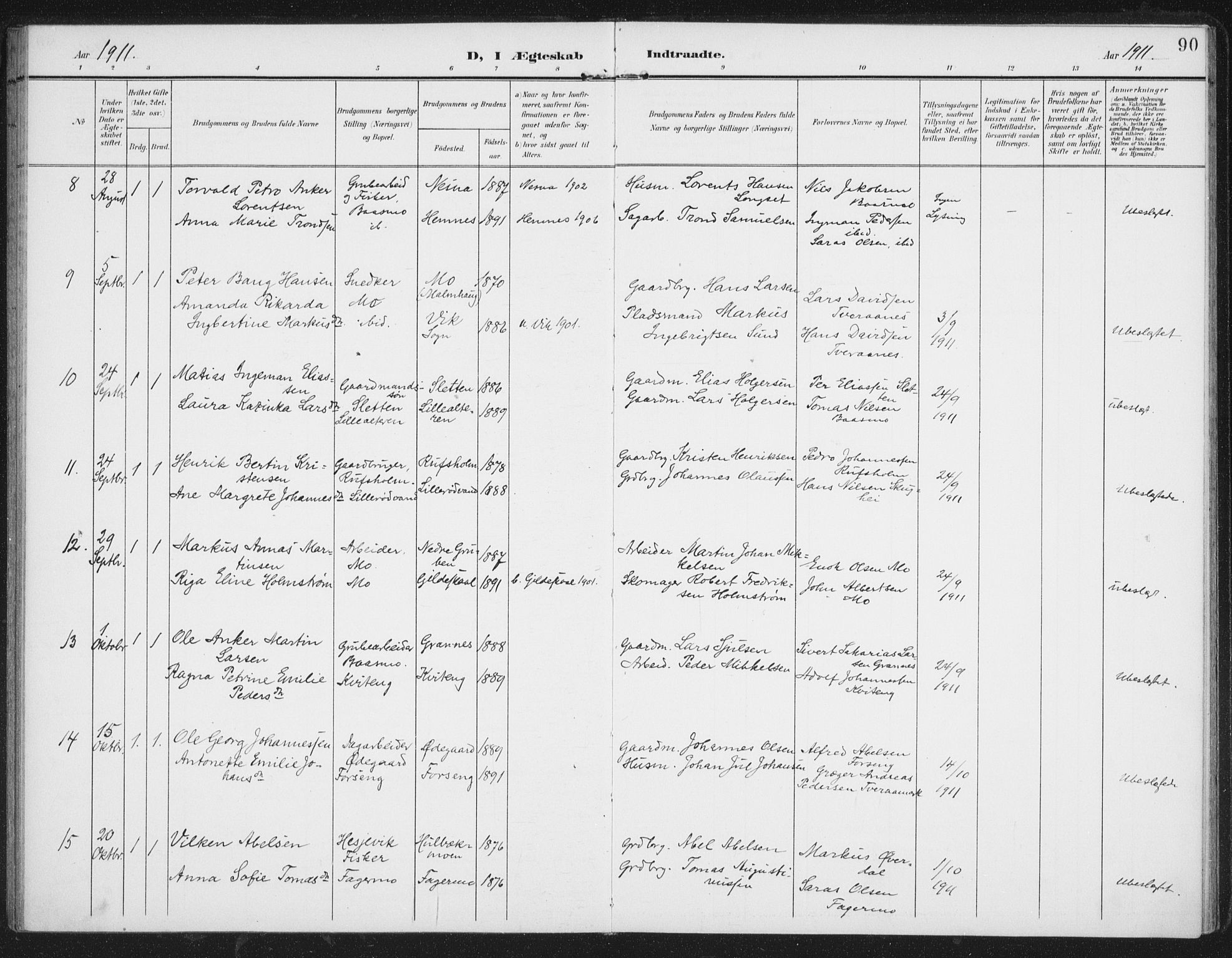 Ministerialprotokoller, klokkerbøker og fødselsregistre - Nordland, AV/SAT-A-1459/827/L0403: Parish register (official) no. 827A15, 1903-1912, p. 90