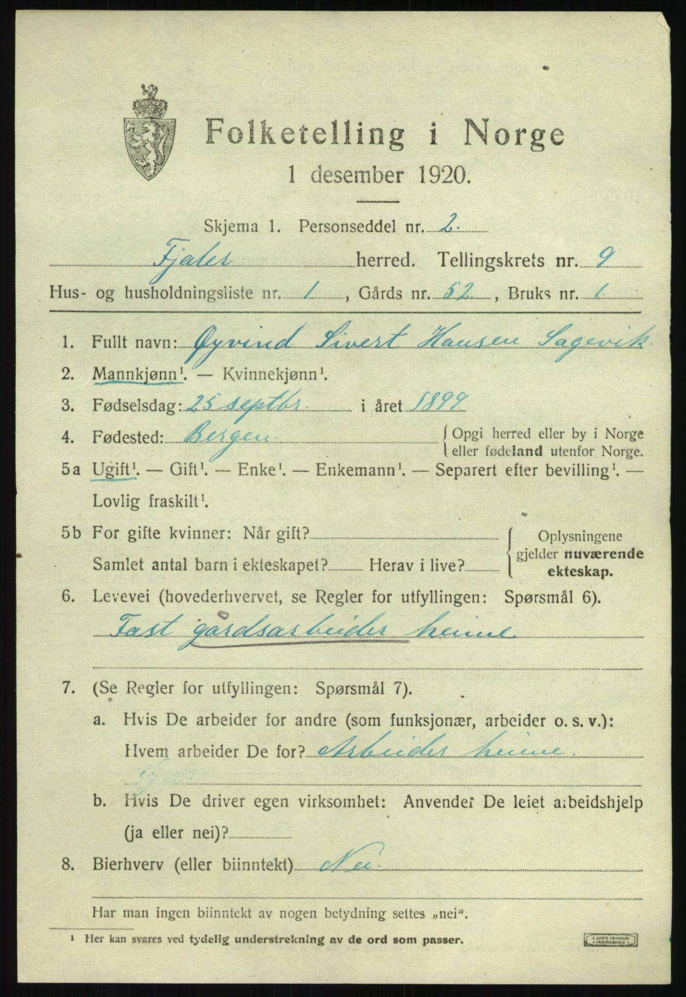 SAB, 1920 census for Fjaler, 1920, p. 4633