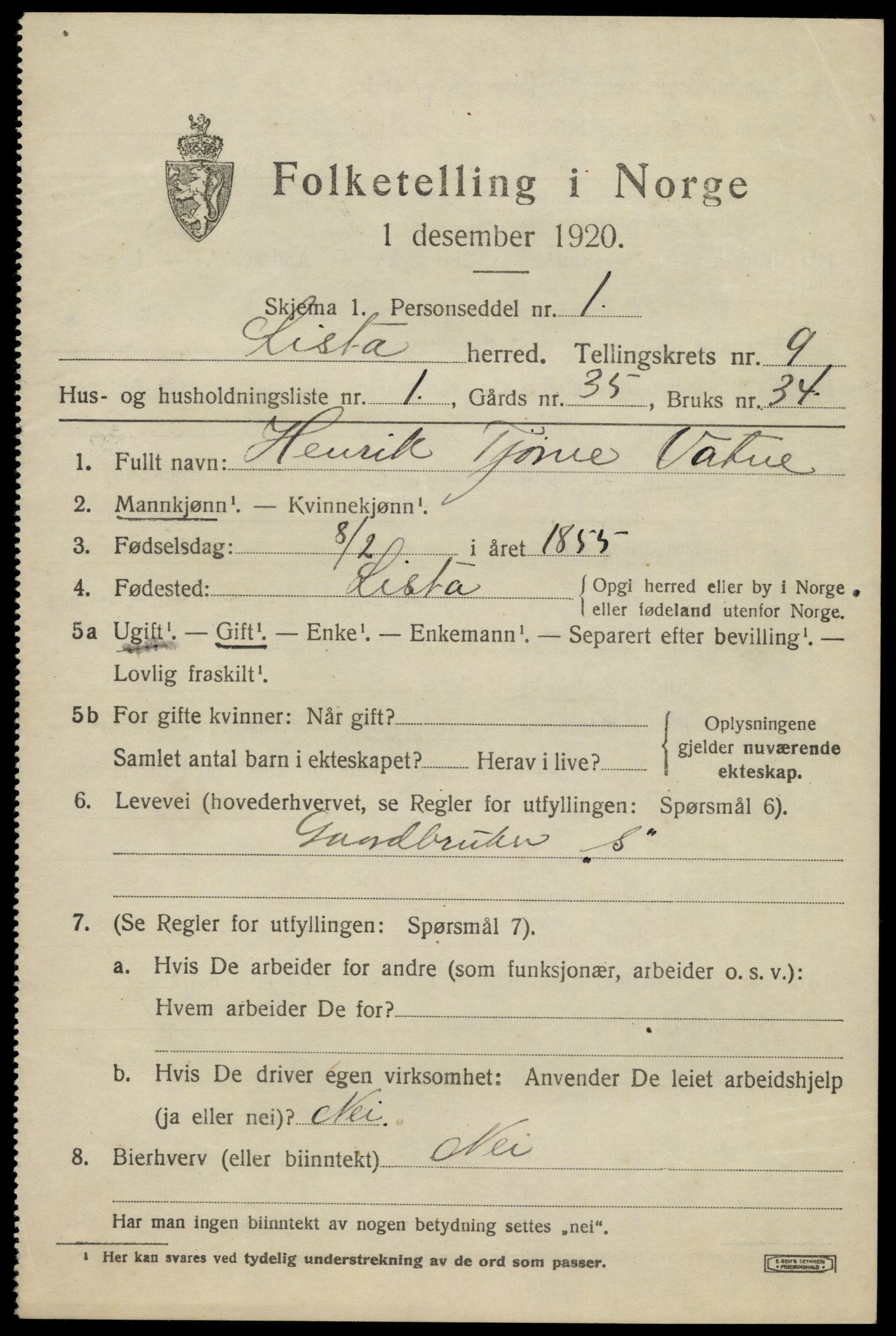 SAK, 1920 census for Lista, 1920, p. 8997