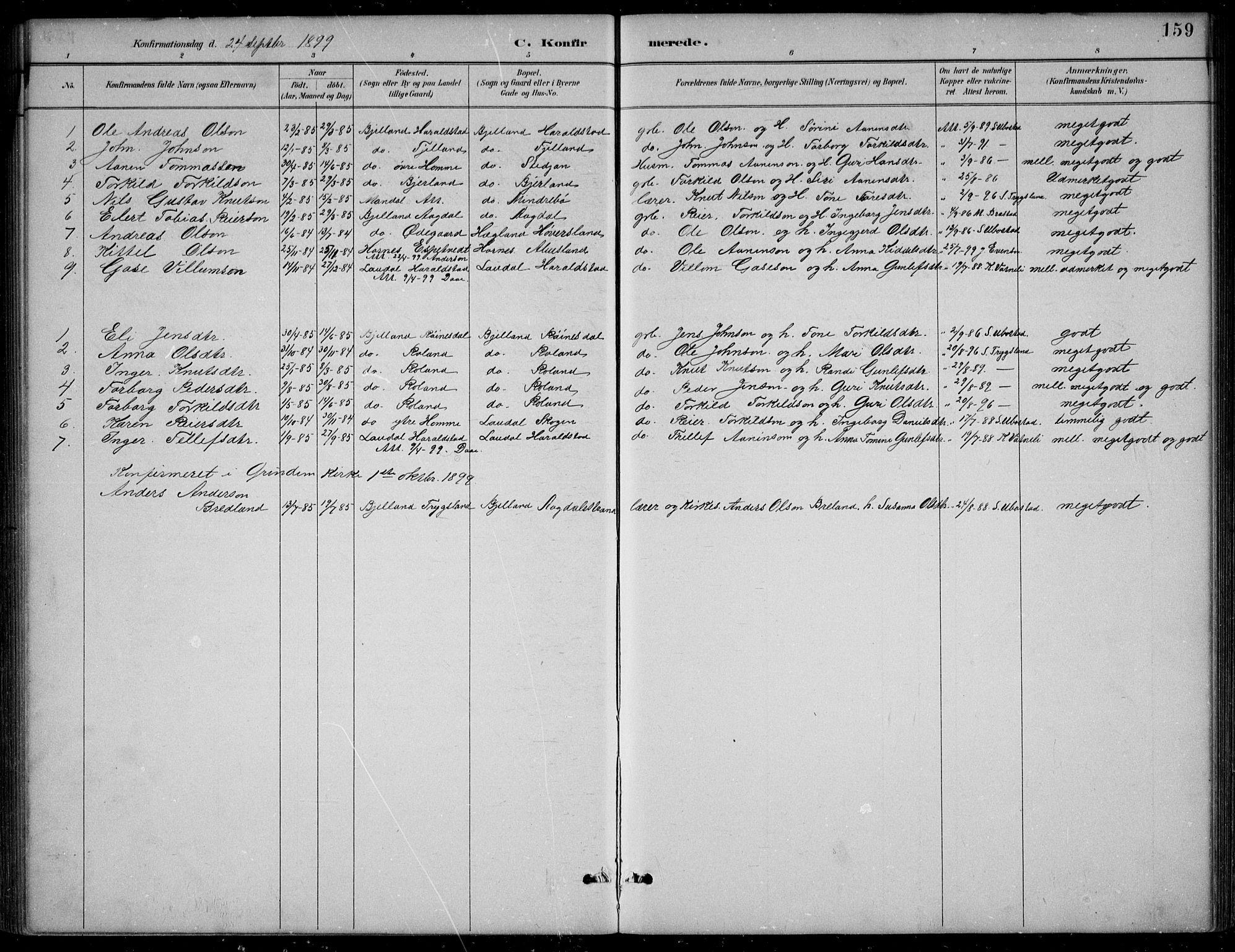 Bjelland sokneprestkontor, SAK/1111-0005/F/Fb/Fba/L0005: Parish register (copy) no. B 5, 1887-1923, p. 159