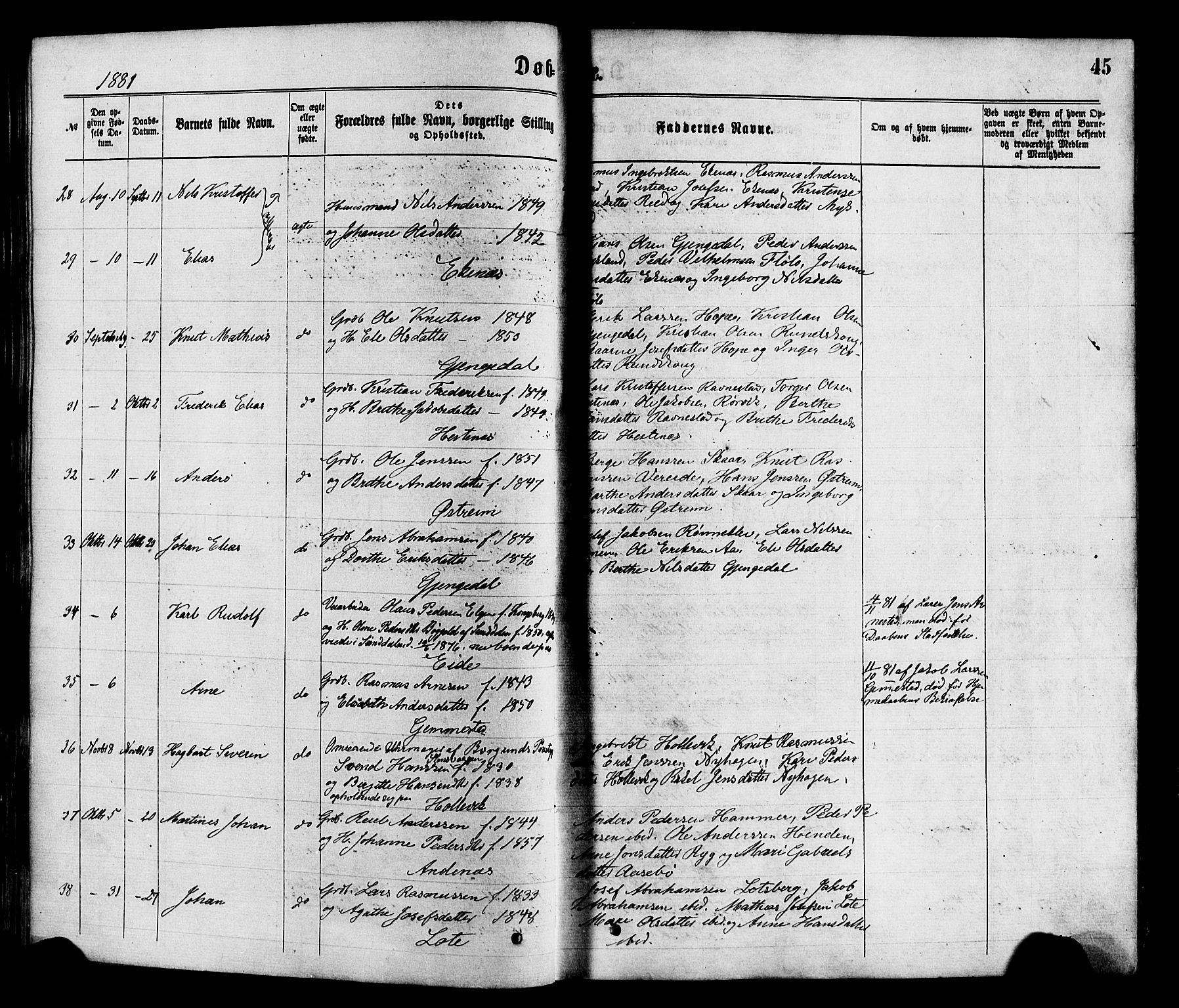 Gloppen sokneprestembete, AV/SAB-A-80101/H/Haa/Haaa/L0010: Parish register (official) no. A 10, 1871-1884, p. 45