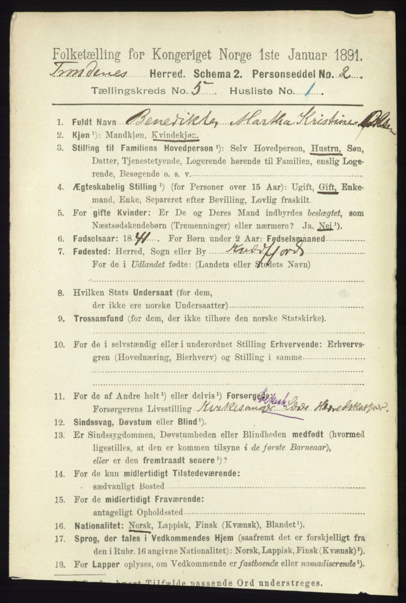 RA, 1891 census for 1914 Trondenes, 1891, p. 2824