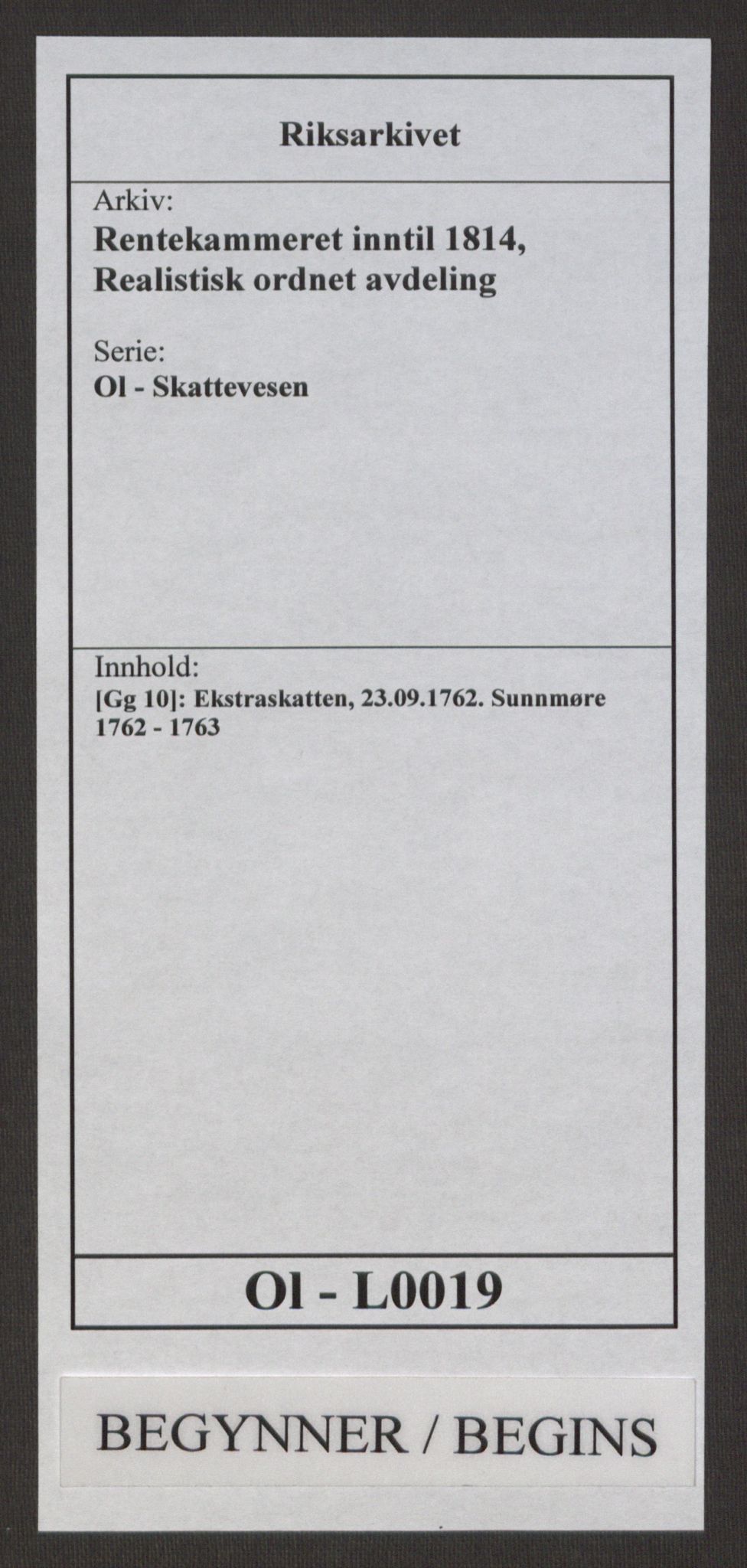 Rentekammeret inntil 1814, Realistisk ordnet avdeling, RA/EA-4070/Ol/L0019: [Gg 10]: Ekstraskatten, 23.09.1762. Sunnmøre, 1762-1763, p. 1