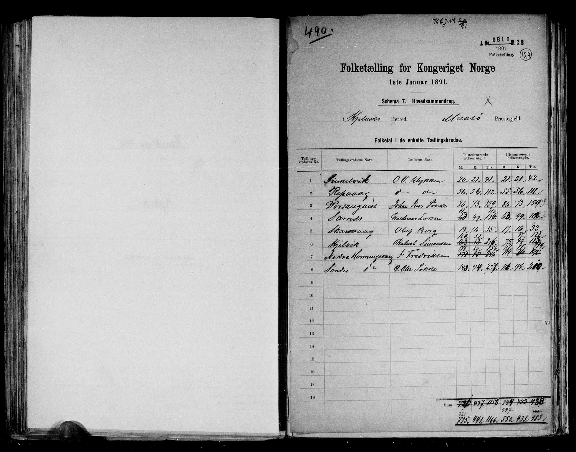 RA, 1891 census for 2019 Kjelvik, 1891, p. 2