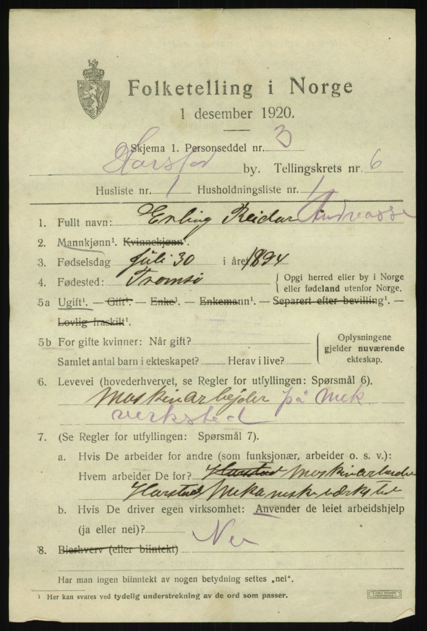 SATØ, 1920 census for Harstad, 1920, p. 7432