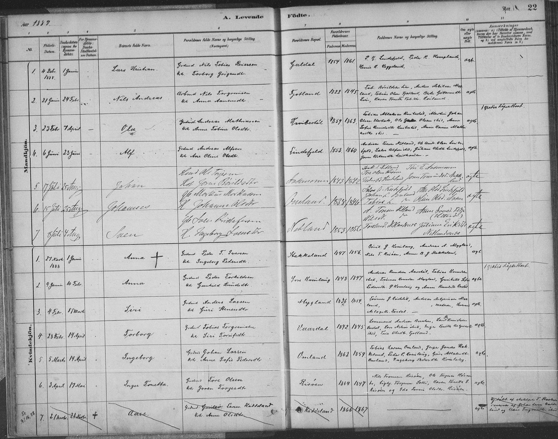 Fjotland sokneprestkontor, AV/SAK-1111-0010/F/Fa/L0002: Parish register (official) no. A 2, 1880-1898, p. 22