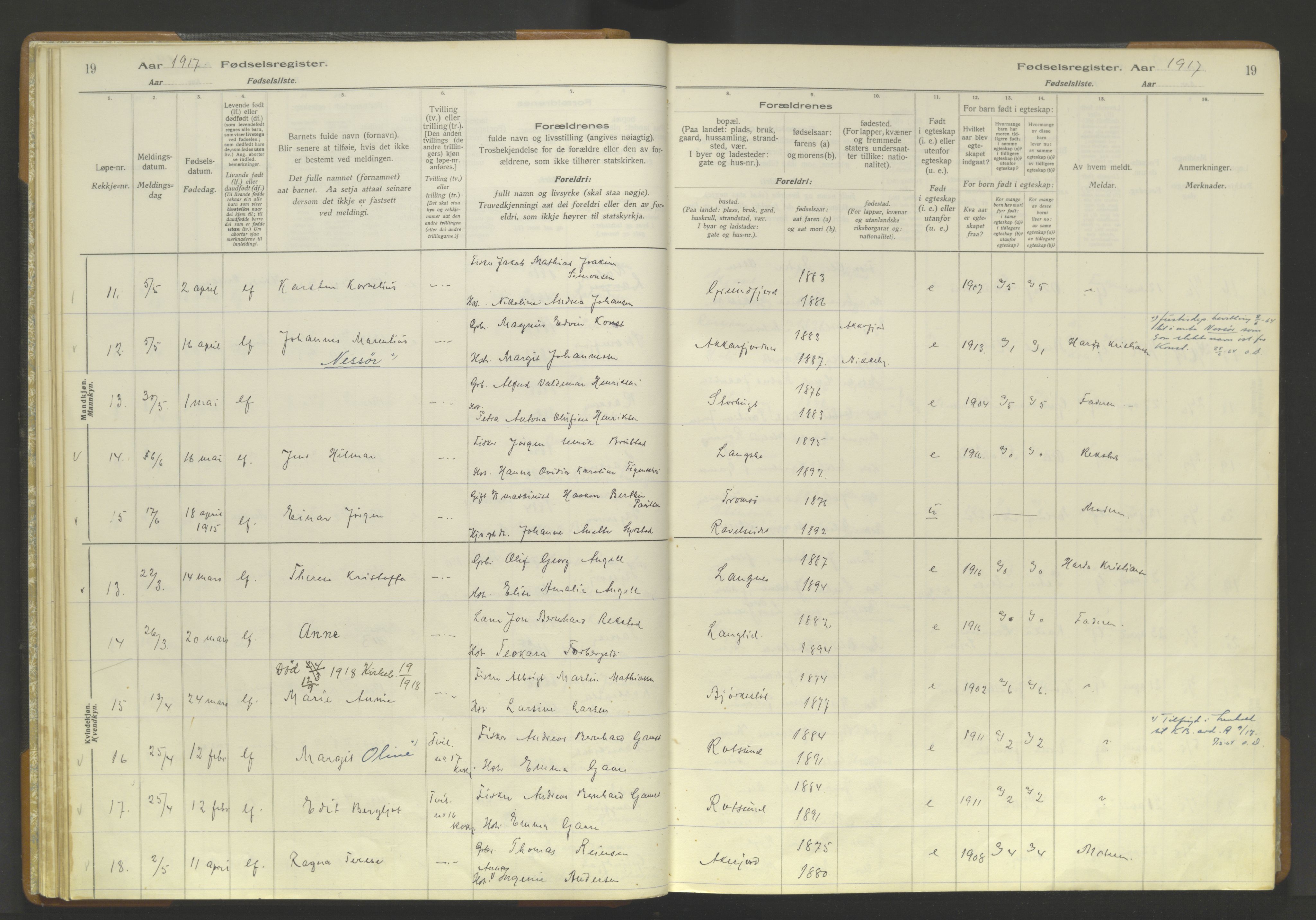 Skjervøy sokneprestkontor, AV/SATØ-S-1300/I/Ia/L0056: Birth register no. 56, 1916-1932, p. 19