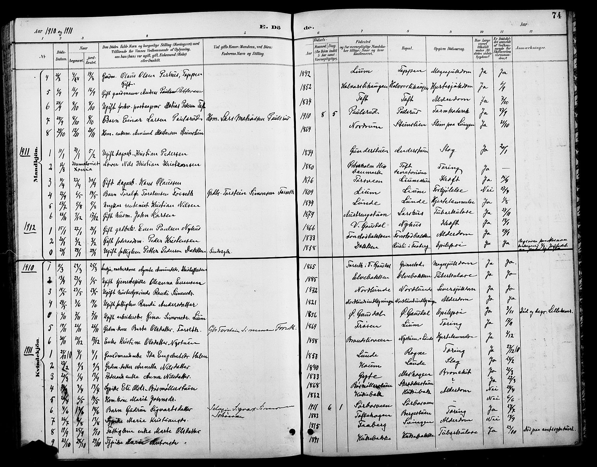 Østre Gausdal prestekontor, SAH/PREST-092/H/Ha/Hab/L0003: Parish register (copy) no. 3, 1894-1915, p. 74