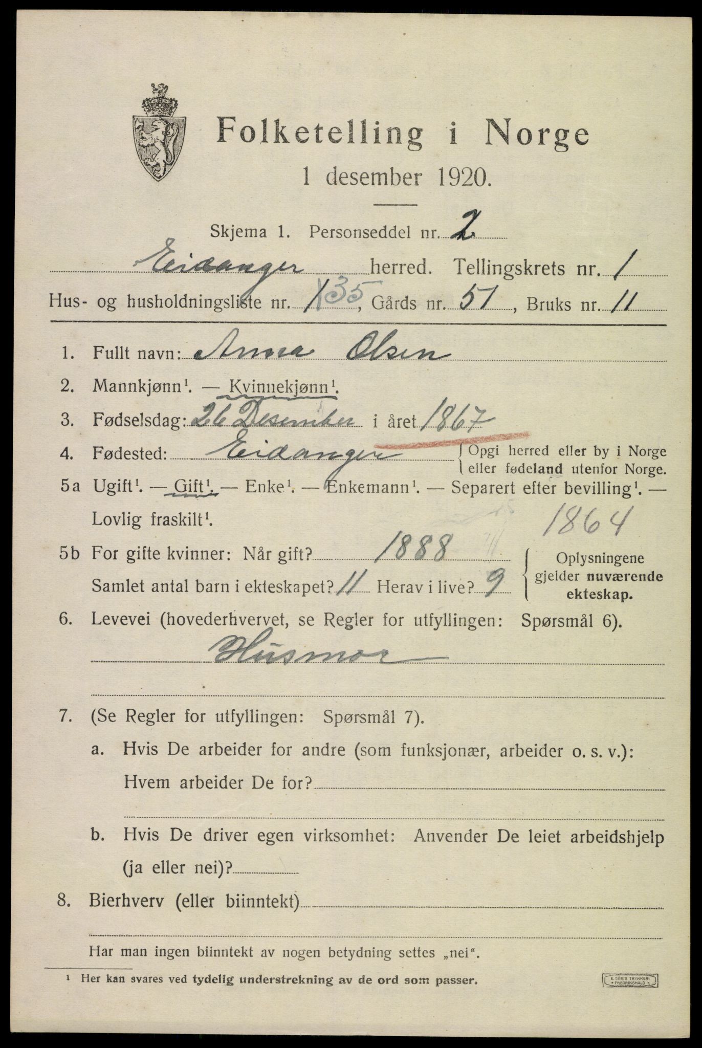 SAKO, 1920 census for Eidanger, 1920, p. 2018