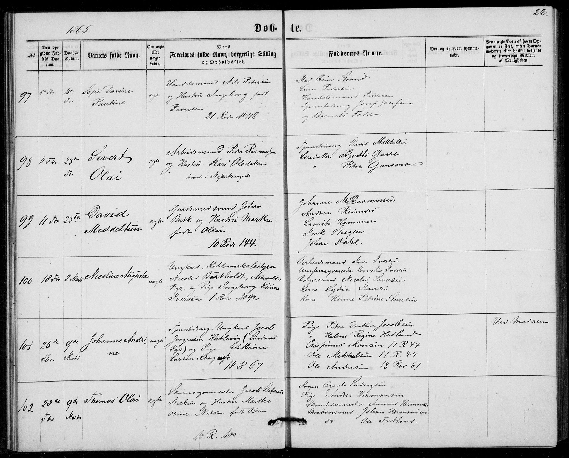 Fødselsstiftelsens sokneprestembete, ført av overlegen*, SAB/-: Parish register (official) no. A 1, 1863-1883, p. 22