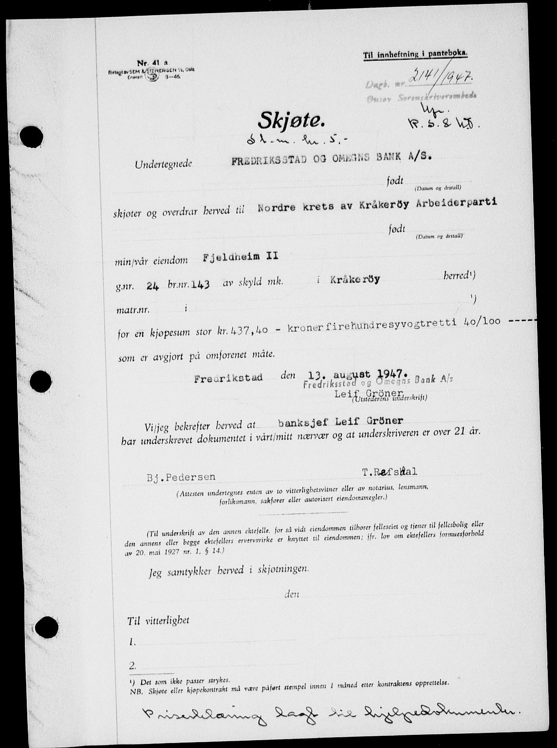 Onsøy sorenskriveri, SAO/A-10474/G/Ga/Gab/L0021: Mortgage book no. II A-21, 1947-1947, Diary no: : 2141/1947