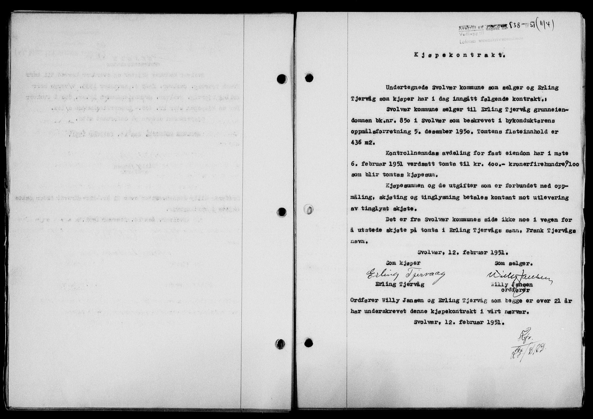 Lofoten sorenskriveri, SAT/A-0017/1/2/2C/L0025a: Mortgage book no. 25a, 1950-1951, Diary no: : 838/1951