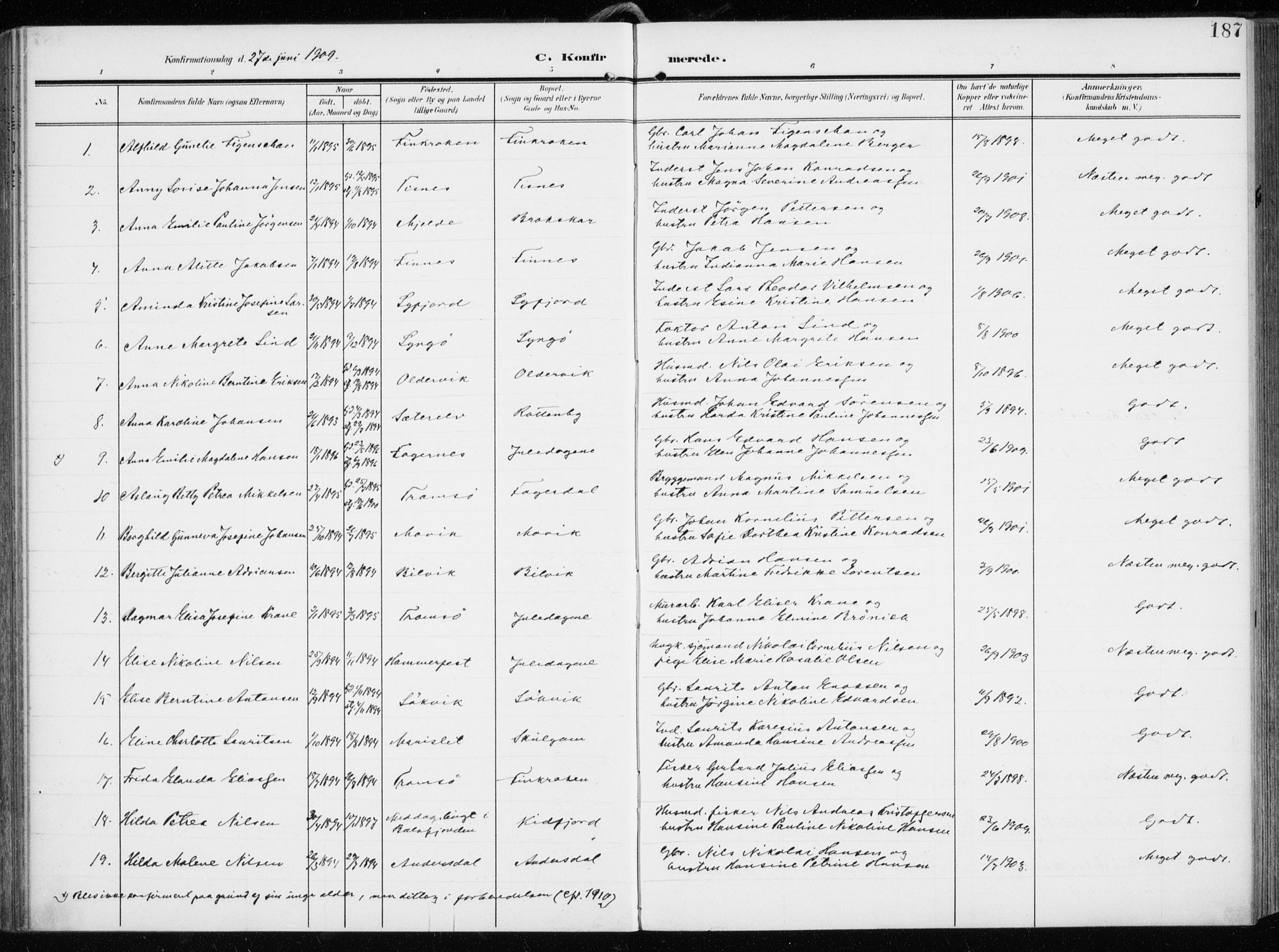 Tromsøysund sokneprestkontor, AV/SATØ-S-1304/G/Ga/L0007kirke: Parish register (official) no. 7, 1907-1914, p. 187