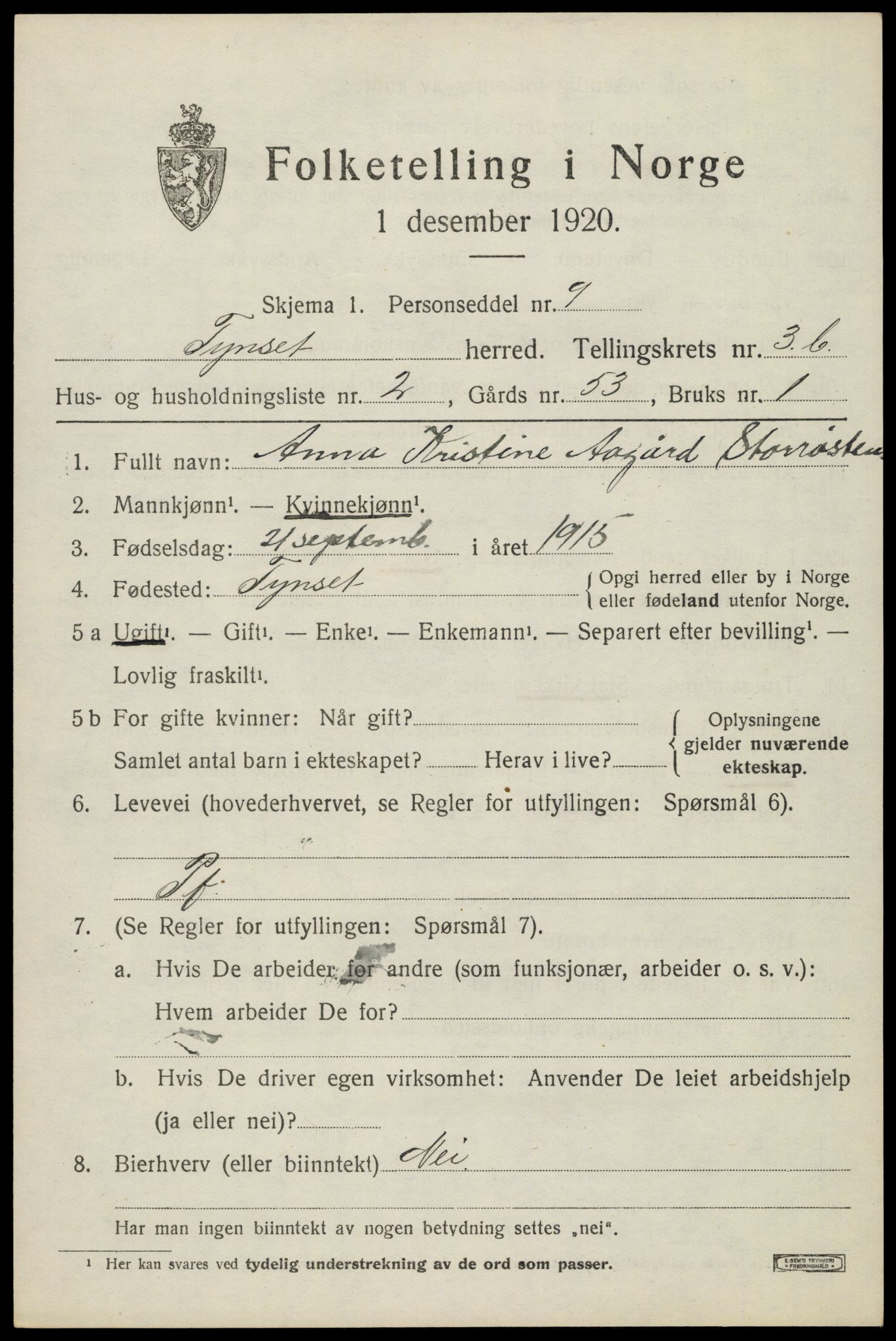 SAH, 1920 census for Tynset, 1920, p. 3164