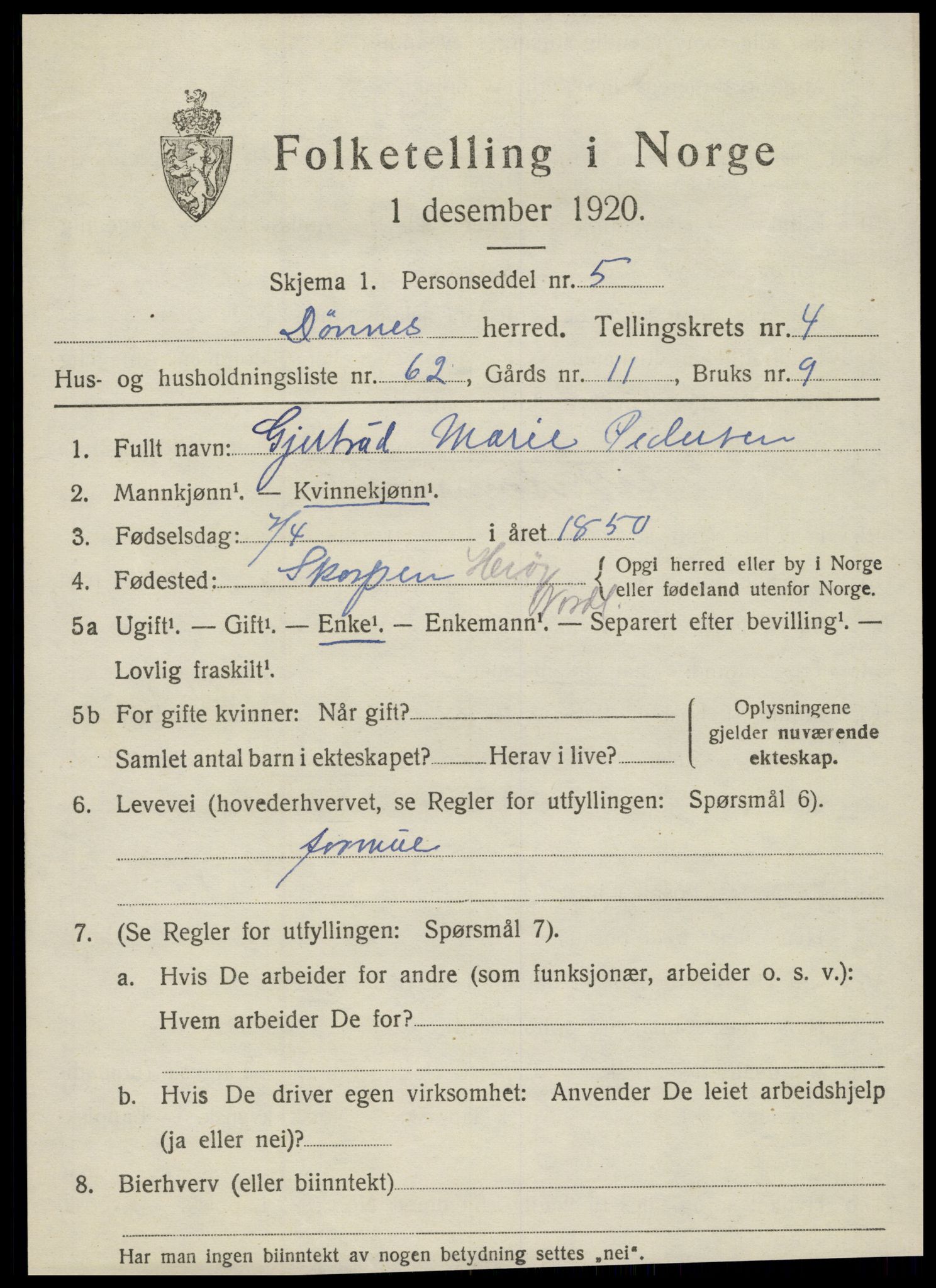 SAT, 1920 census for Dønnes, 1920, p. 2870