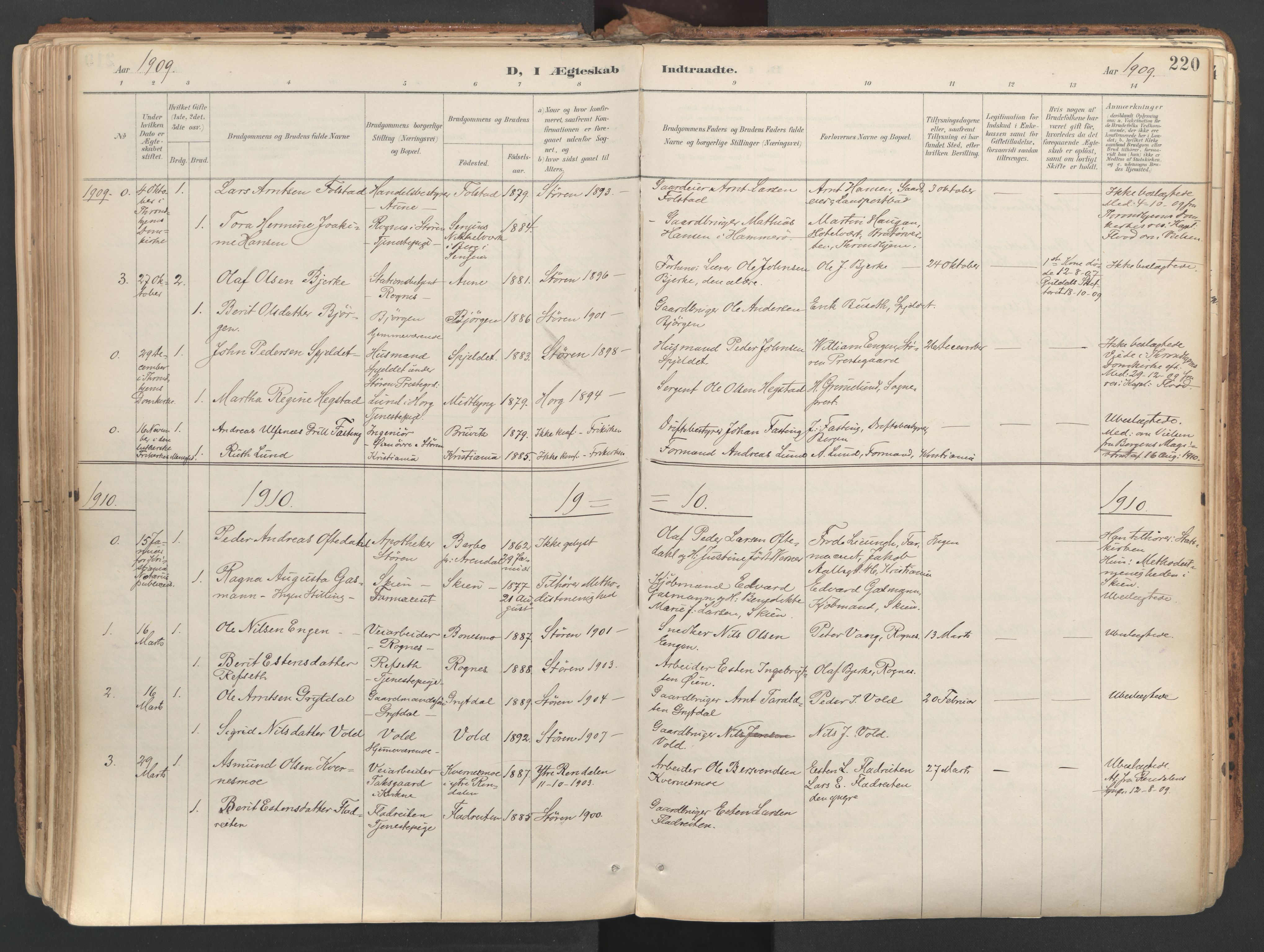 Ministerialprotokoller, klokkerbøker og fødselsregistre - Sør-Trøndelag, SAT/A-1456/687/L1004: Parish register (official) no. 687A10, 1891-1923, p. 220