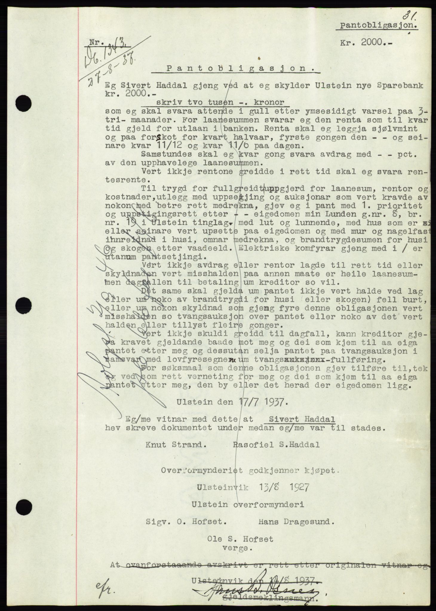 Søre Sunnmøre sorenskriveri, AV/SAT-A-4122/1/2/2C/L0064: Mortgage book no. 58, 1937-1938, Diary no: : 1343/1937