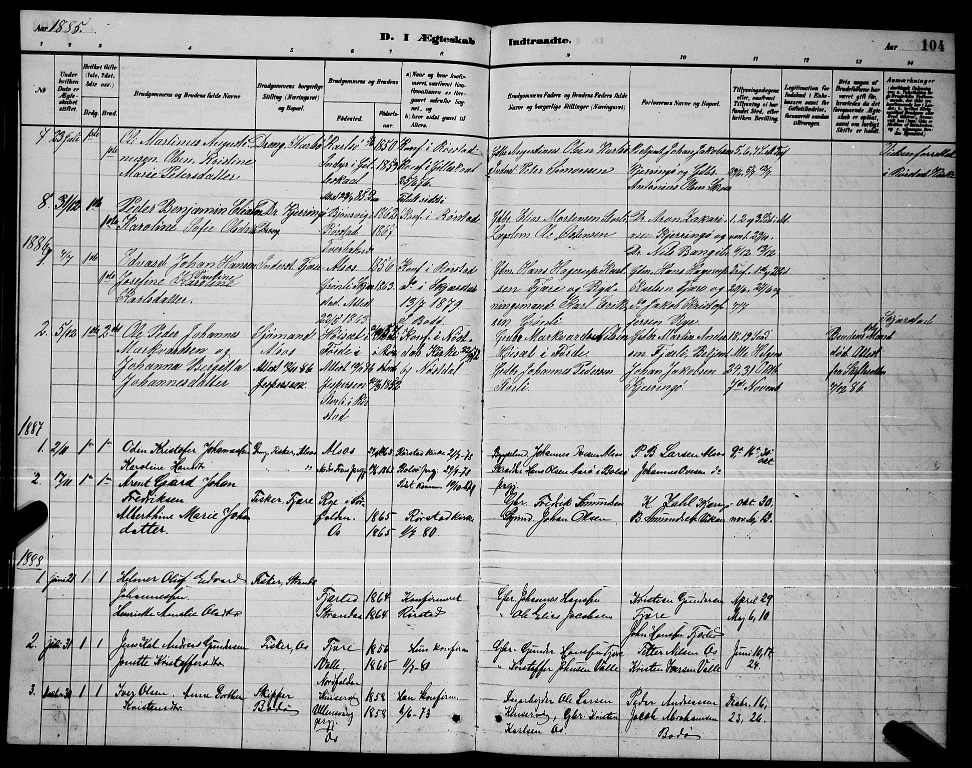 Ministerialprotokoller, klokkerbøker og fødselsregistre - Nordland, SAT/A-1459/803/L0076: Parish register (copy) no. 803C03, 1882-1897, p. 104