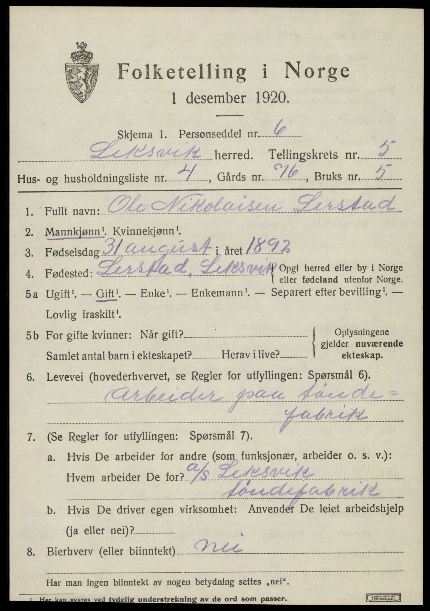 SAT, 1920 census for Leksvik, 1920, p. 4854