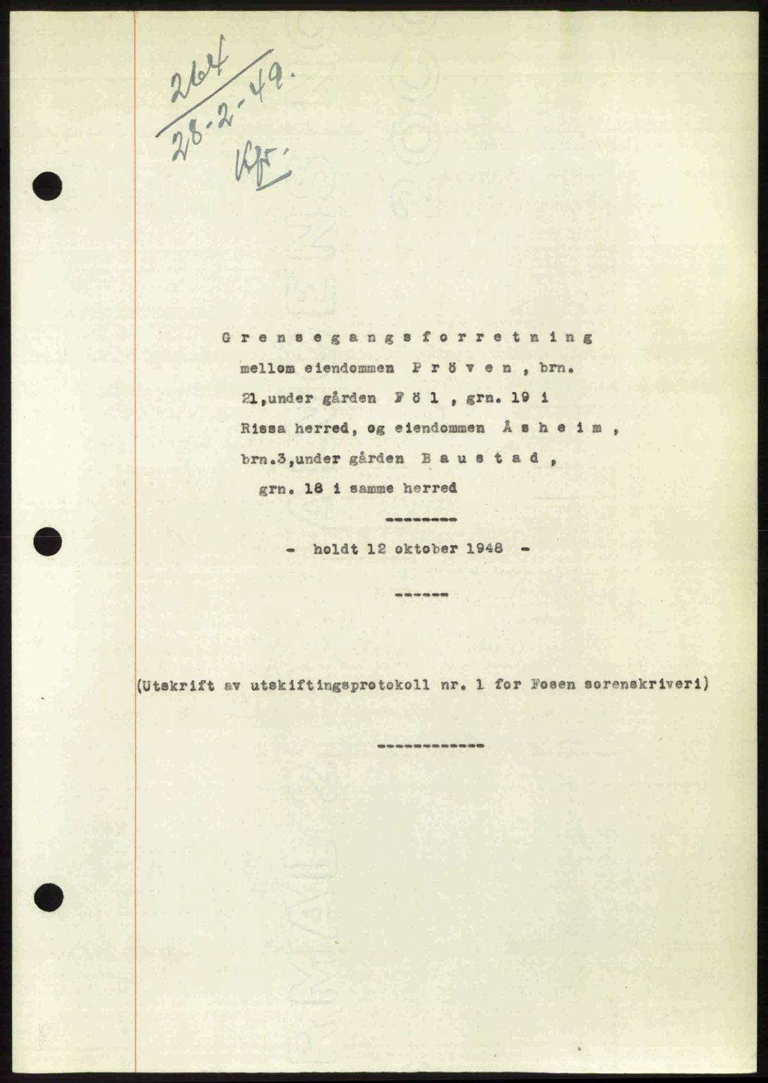 Fosen sorenskriveri, AV/SAT-A-1107/1/2/2C: Mortgage book no. A7-9, 1947-1949, Diary no: : 264/1949