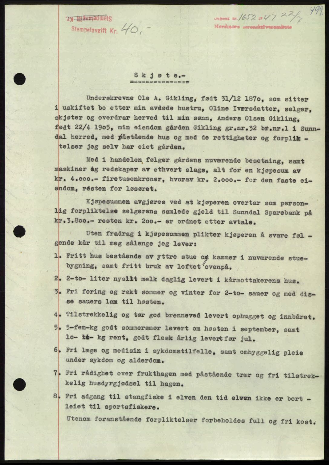 Nordmøre sorenskriveri, AV/SAT-A-4132/1/2/2Ca: Mortgage book no. A105, 1947-1947, Diary no: : 1652/1947