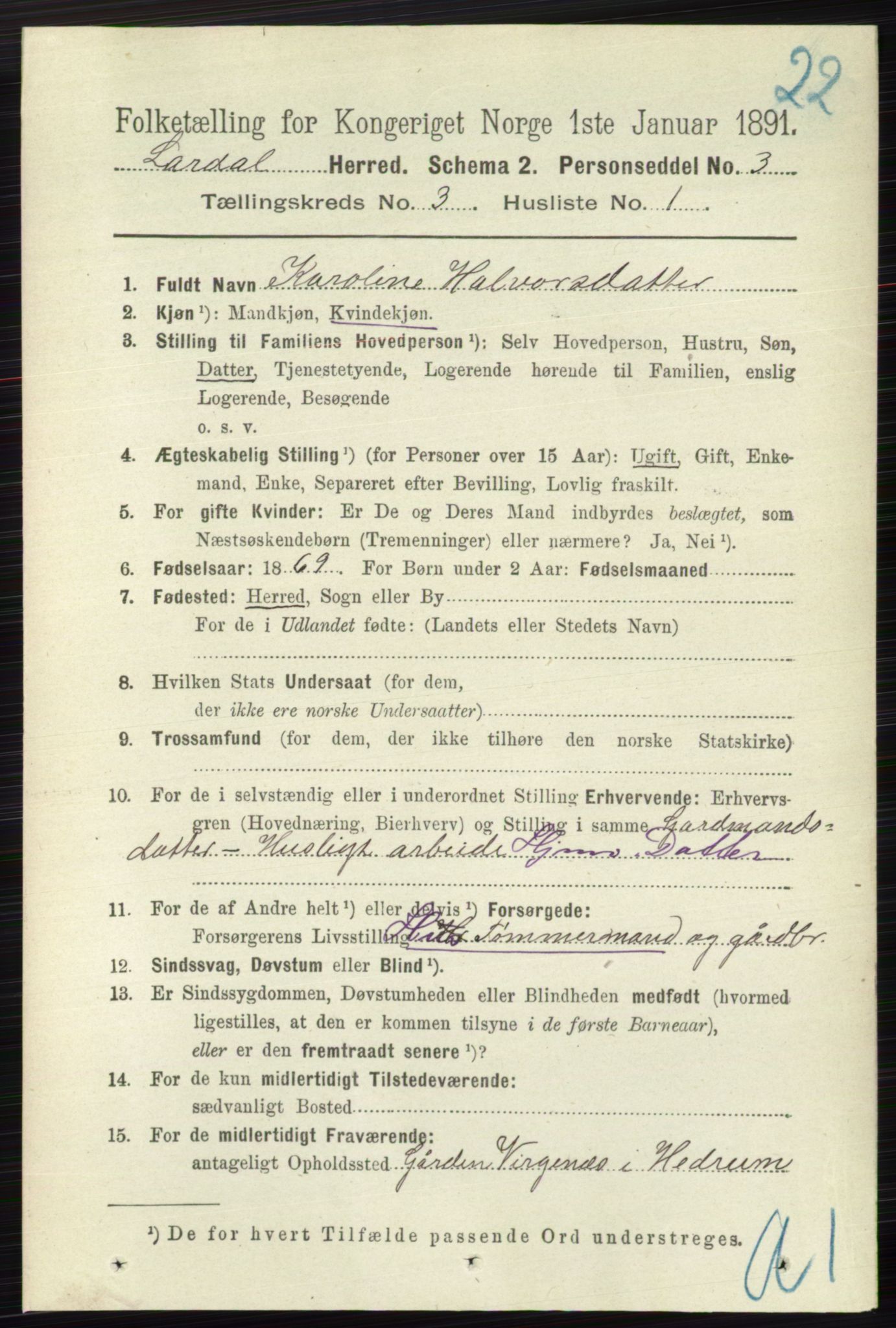 RA, 1891 census for 0728 Lardal, 1891, p. 1329