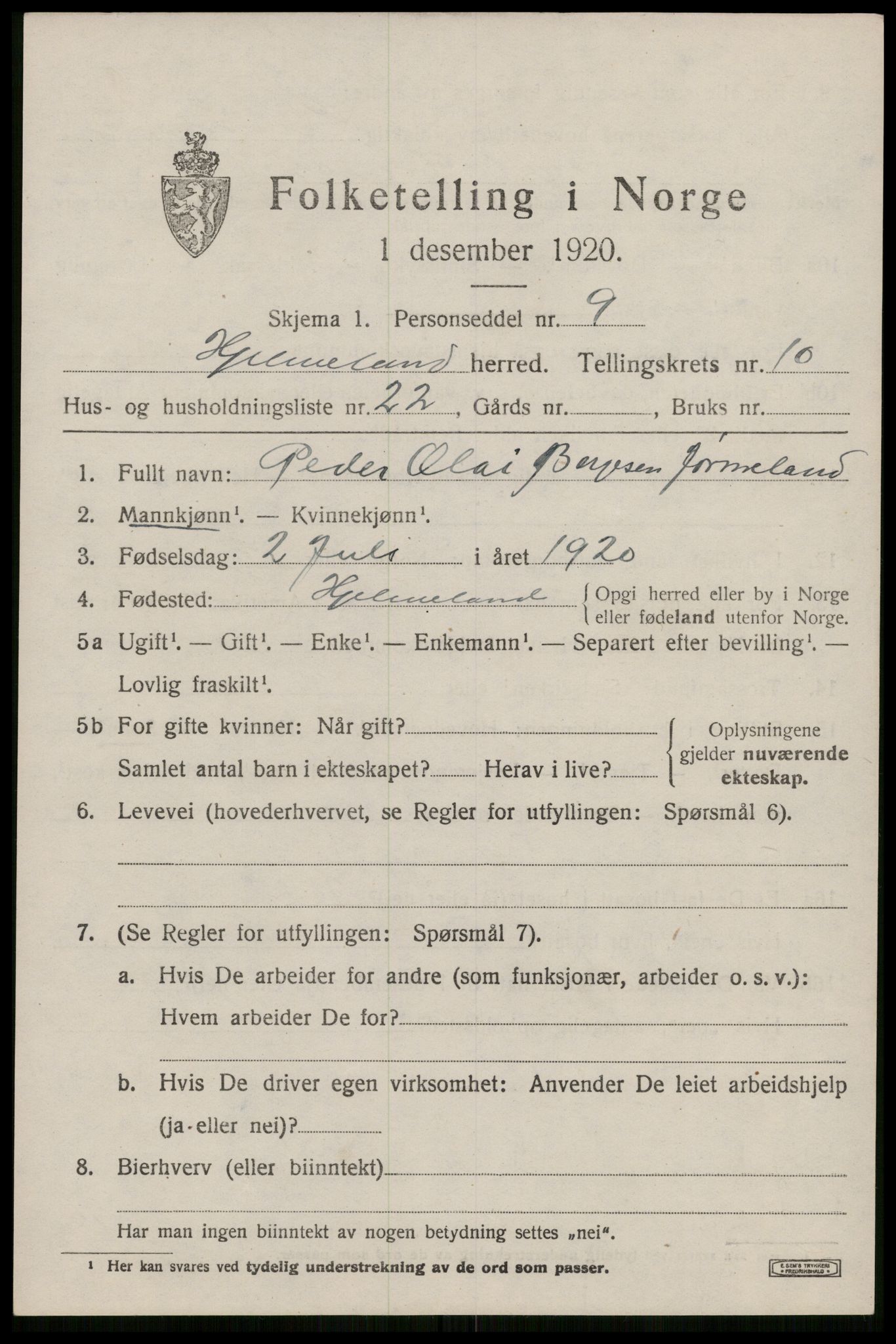 SAST, 1920 census for Hjelmeland, 1920, p. 3373