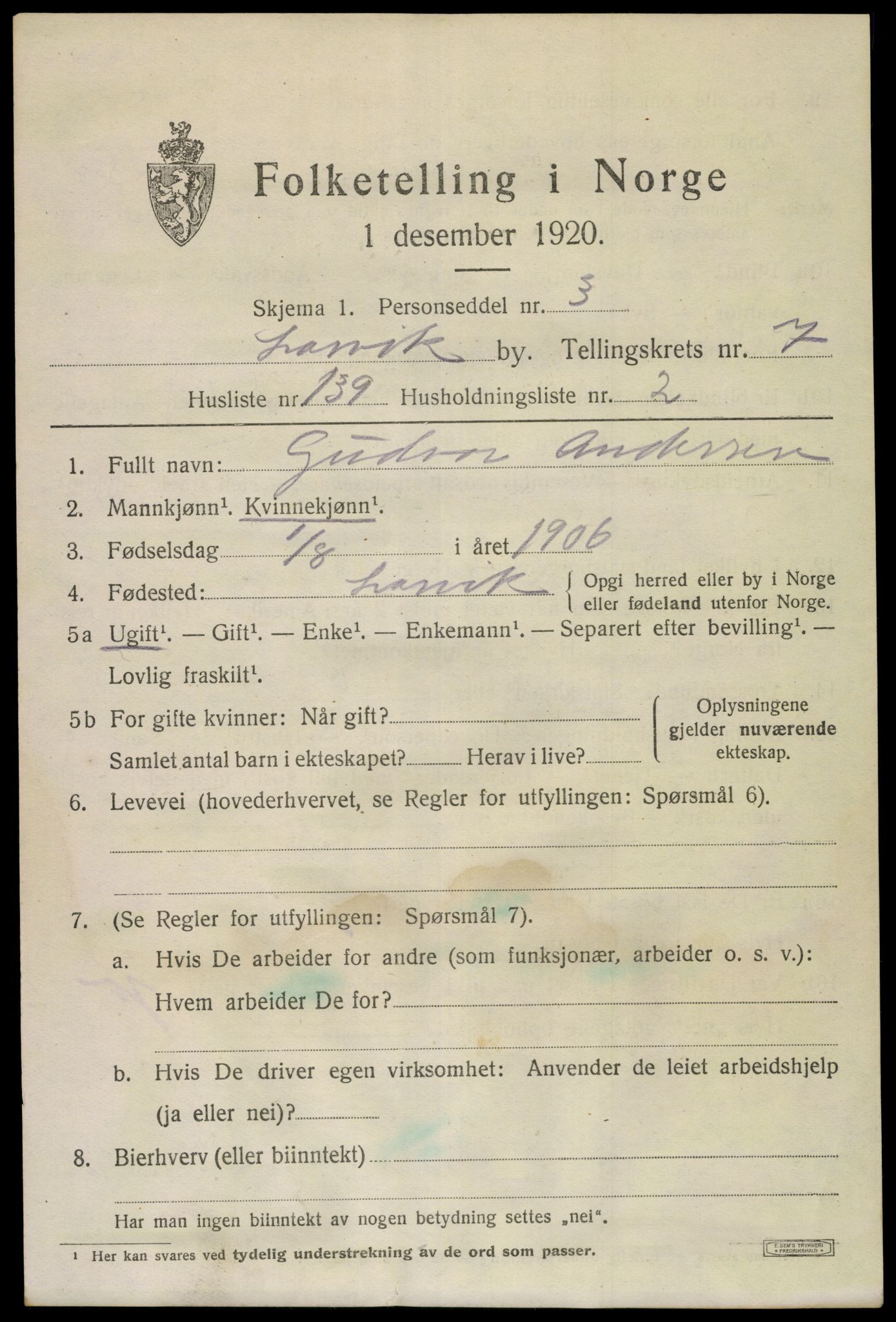 SAKO, 1920 census for Larvik, 1920, p. 22954