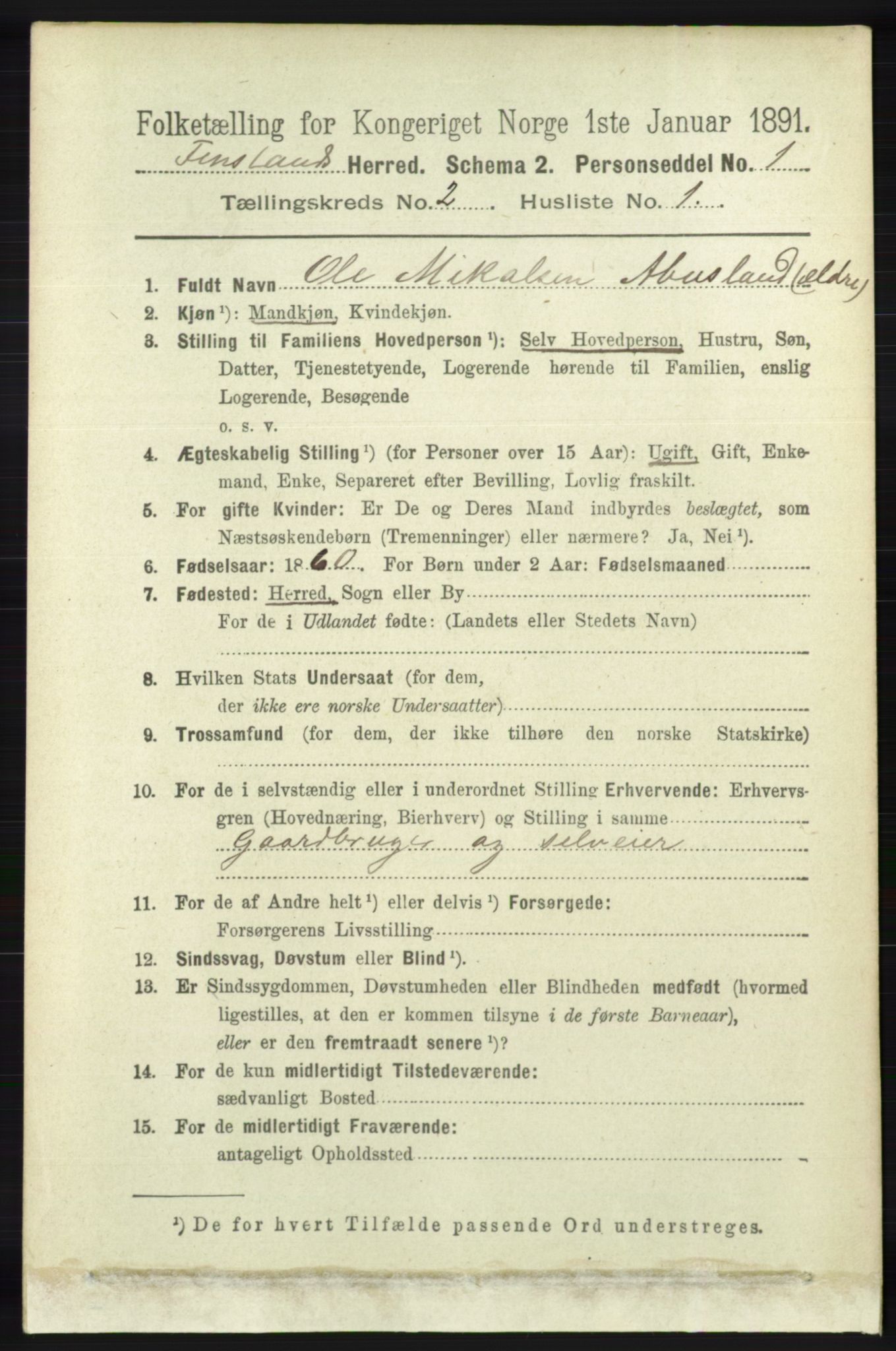 RA, 1891 census for 1023 Finsland, 1891, p. 435