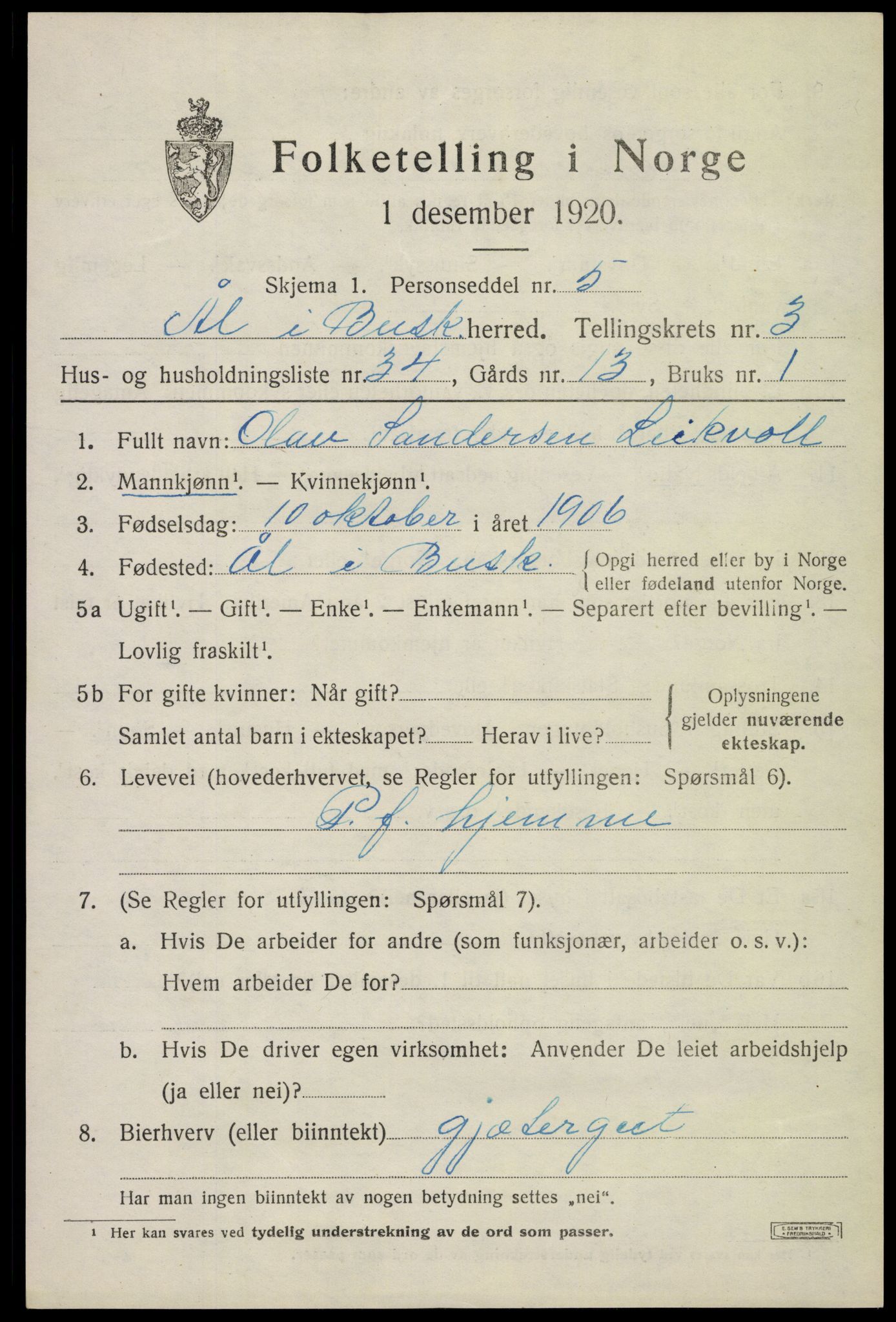 SAKO, 1920 census for Ål, 1920, p. 2776