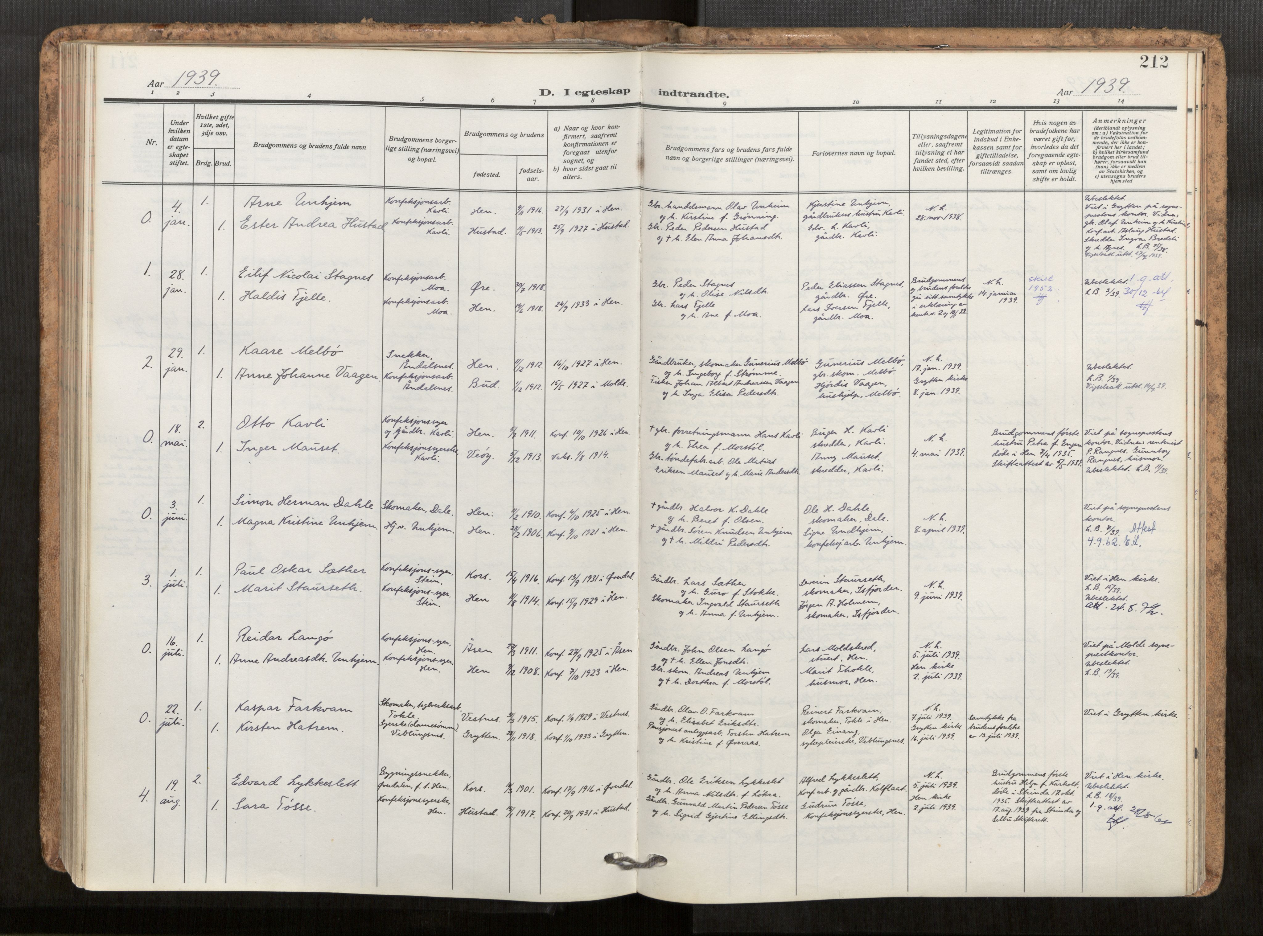 Ministerialprotokoller, klokkerbøker og fødselsregistre - Møre og Romsdal, SAT/A-1454/545/L0596: Parish register (official) no. 545A04, 1921-1956, p. 212