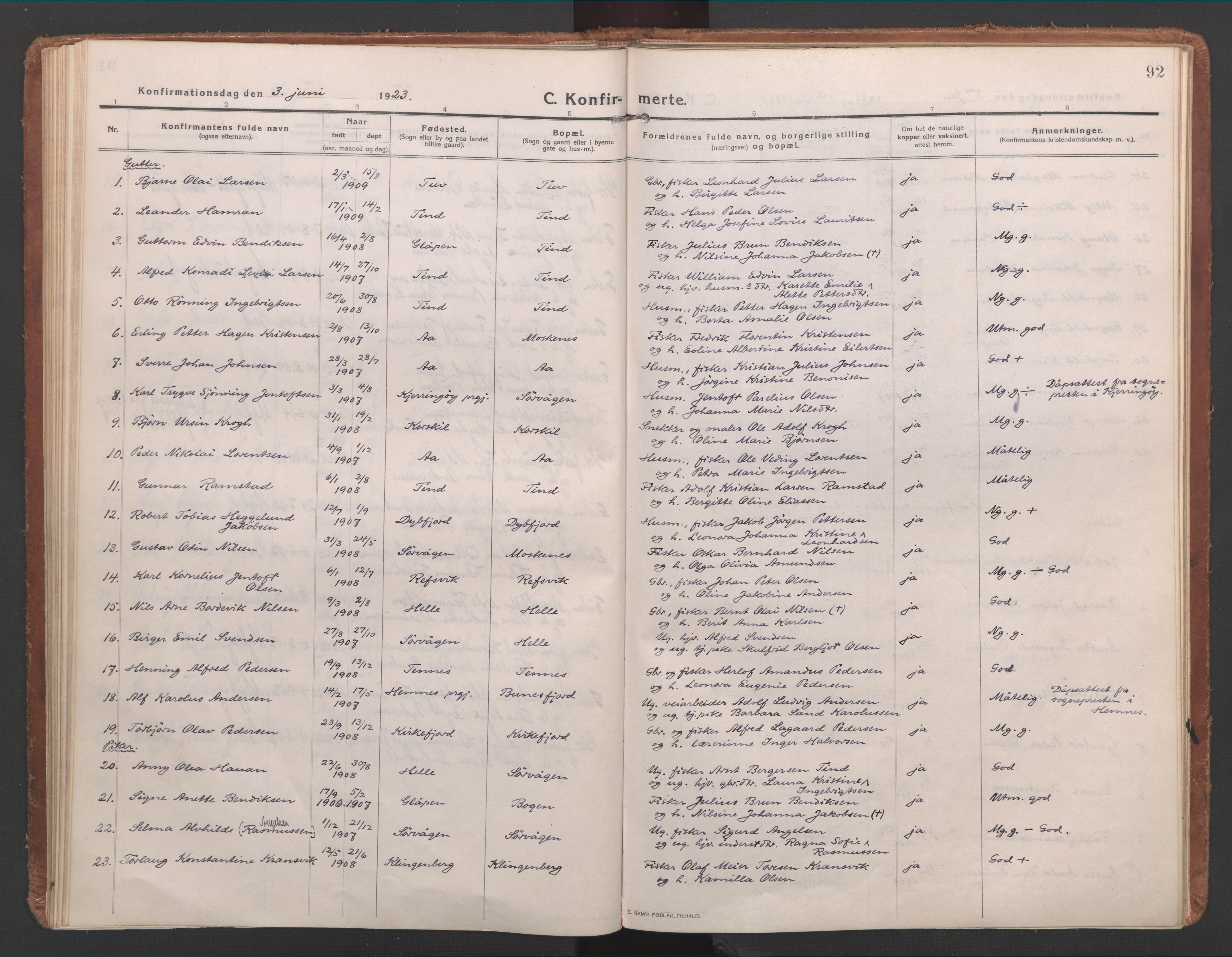 Ministerialprotokoller, klokkerbøker og fødselsregistre - Nordland, SAT/A-1459/886/L1222: Parish register (official) no. 886A04, 1914-1926, p. 92