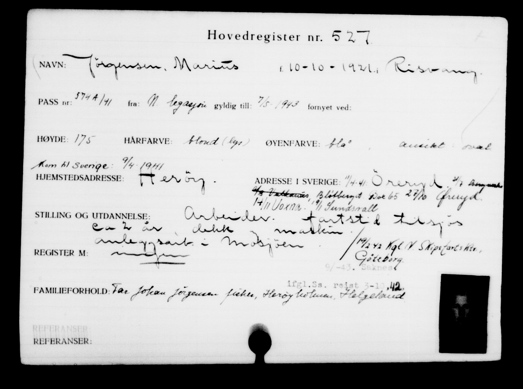 Utenriksstasjonene, Legasjonen i Stockholm, Flyktningkontoret, AV/RA-S-6753/V/Va/L0001: Kjesäterkartoteket, flyktninger med registreringsnr. 1-1000, 1940-1945, p. 817