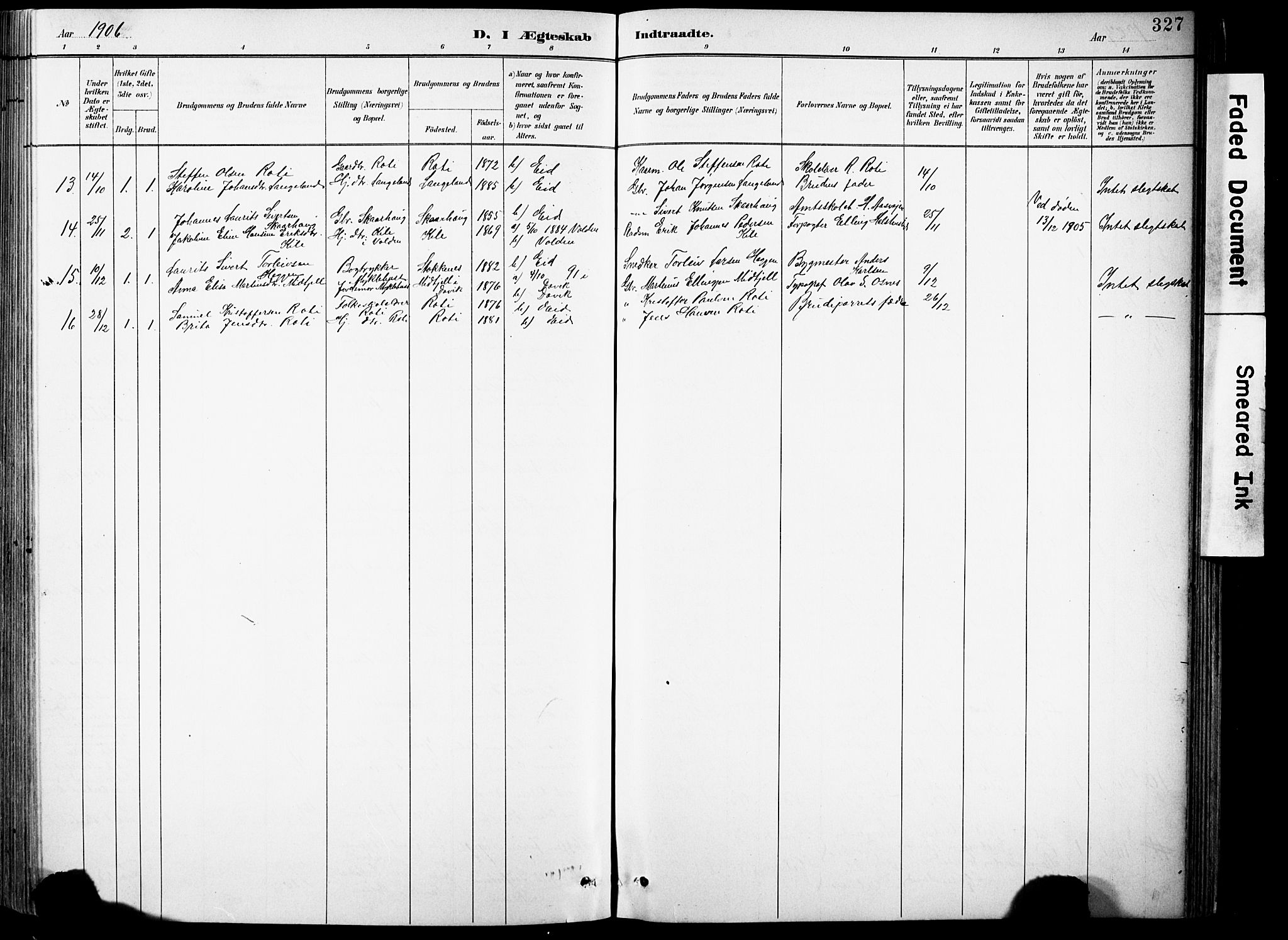 Eid sokneprestembete, AV/SAB-A-82301/H/Hab/Habb/L0002: Parish register (copy) no. B 2, 1882-1907, p. 327