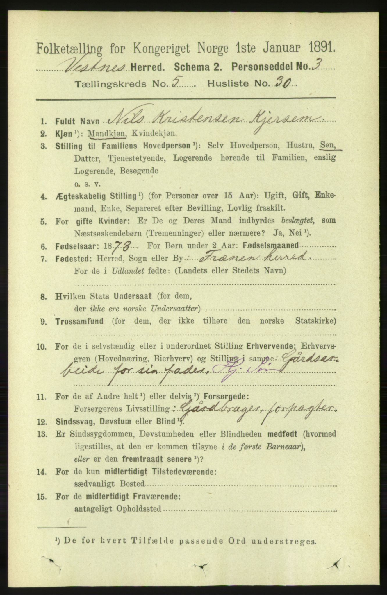 RA, 1891 census for 1535 Vestnes, 1891, p. 1963