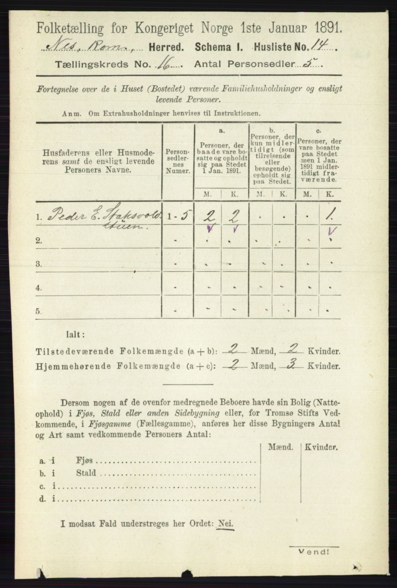 RA, 1891 census for 0236 Nes, 1891, p. 9512