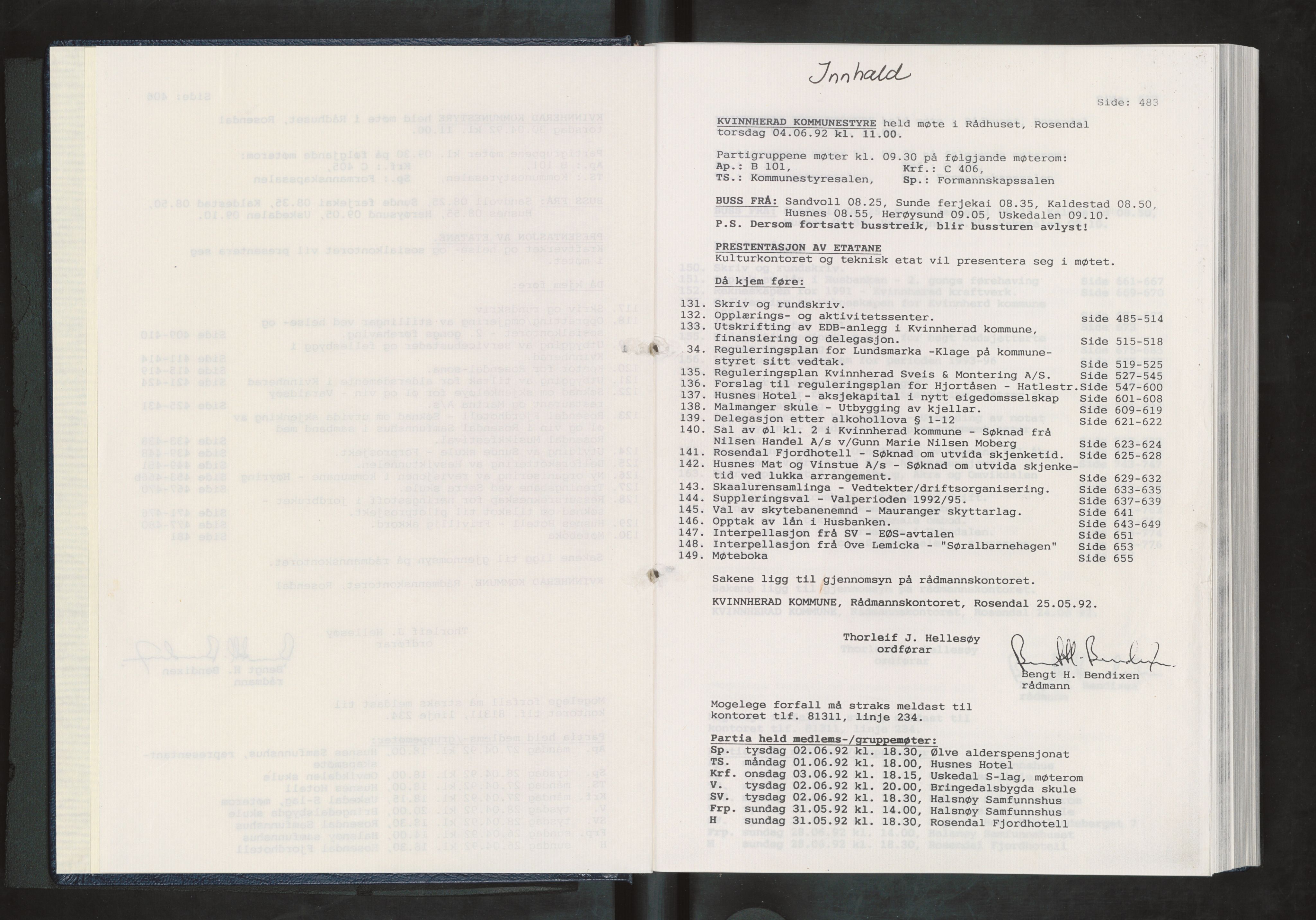 Kvinnherad kommune. Formannskapet, IKAH/1224-021/A/Ab/L0035/0001: Møtebøker for Kvinnherad kommunestyre / Møtebok for Kvinnherad kommunestyre, 1992