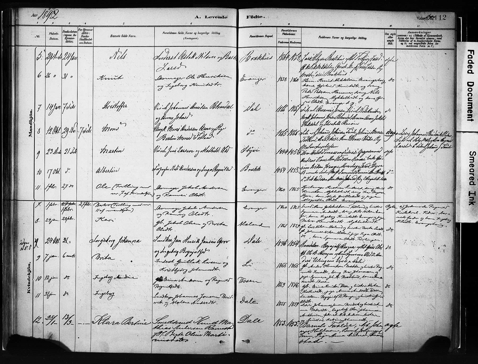 Evanger sokneprestembete, SAB/A-99924: Parish register (official) no. A 1, 1877-1899, p. 112