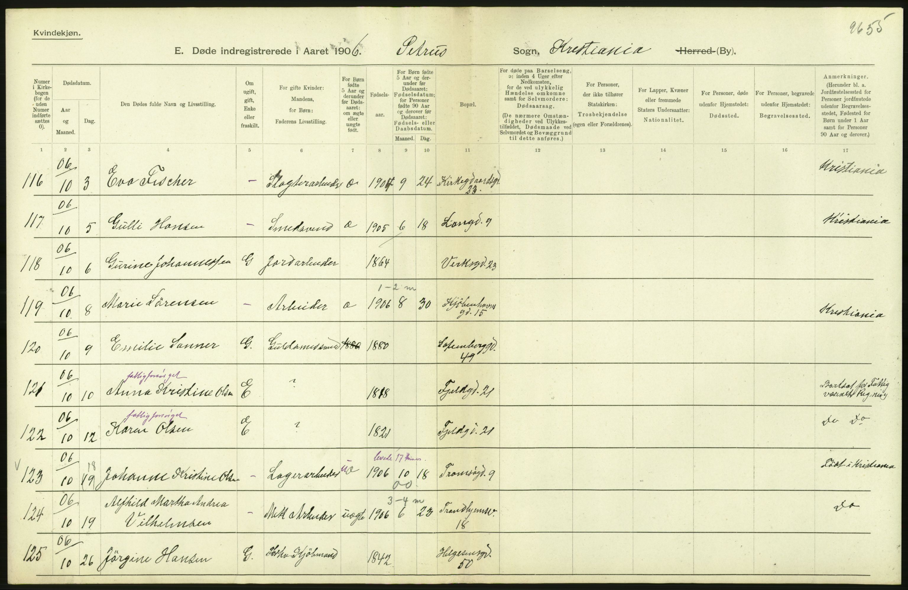 Statistisk sentralbyrå, Sosiodemografiske emner, Befolkning, RA/S-2228/D/Df/Dfa/Dfad/L0009: Kristiania: Døde, 1906, p. 378