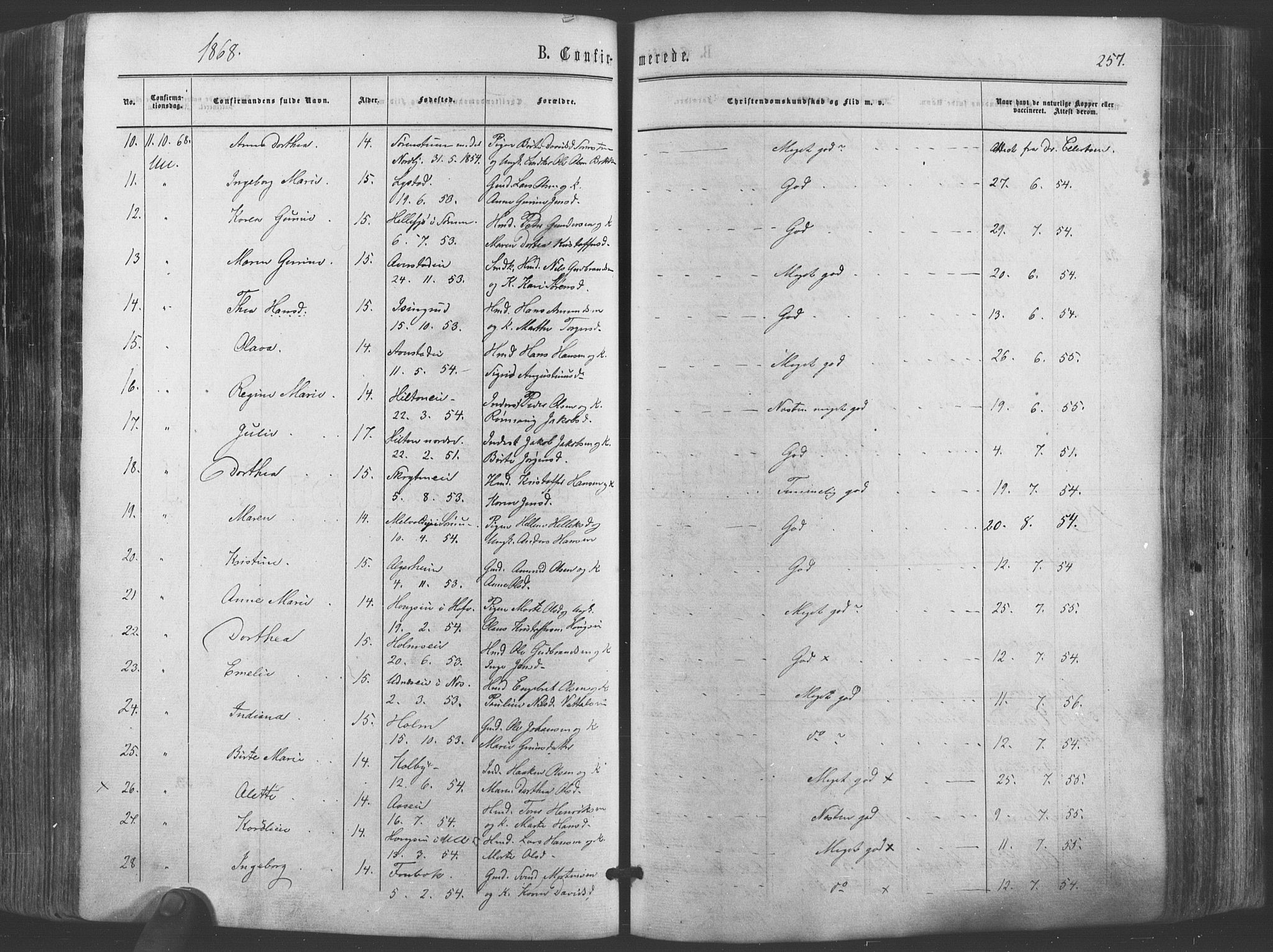 Ullensaker prestekontor Kirkebøker, AV/SAO-A-10236a/F/Fa/L0016: Parish register (official) no. I 16, 1863-1875, p. 257