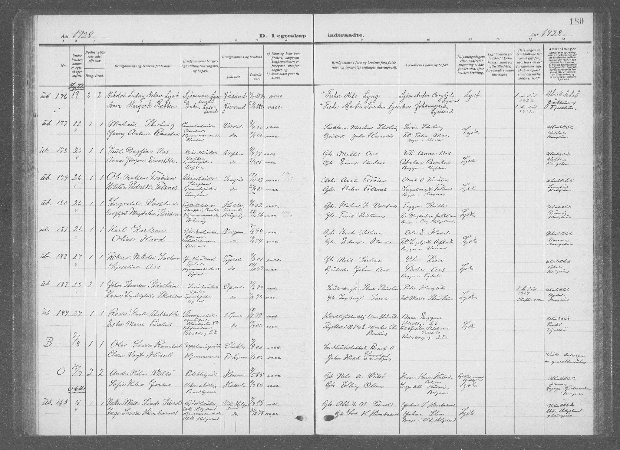 Ministerialprotokoller, klokkerbøker og fødselsregistre - Sør-Trøndelag, AV/SAT-A-1456/601/L0098: Parish register (copy) no. 601C16, 1921-1934, p. 180