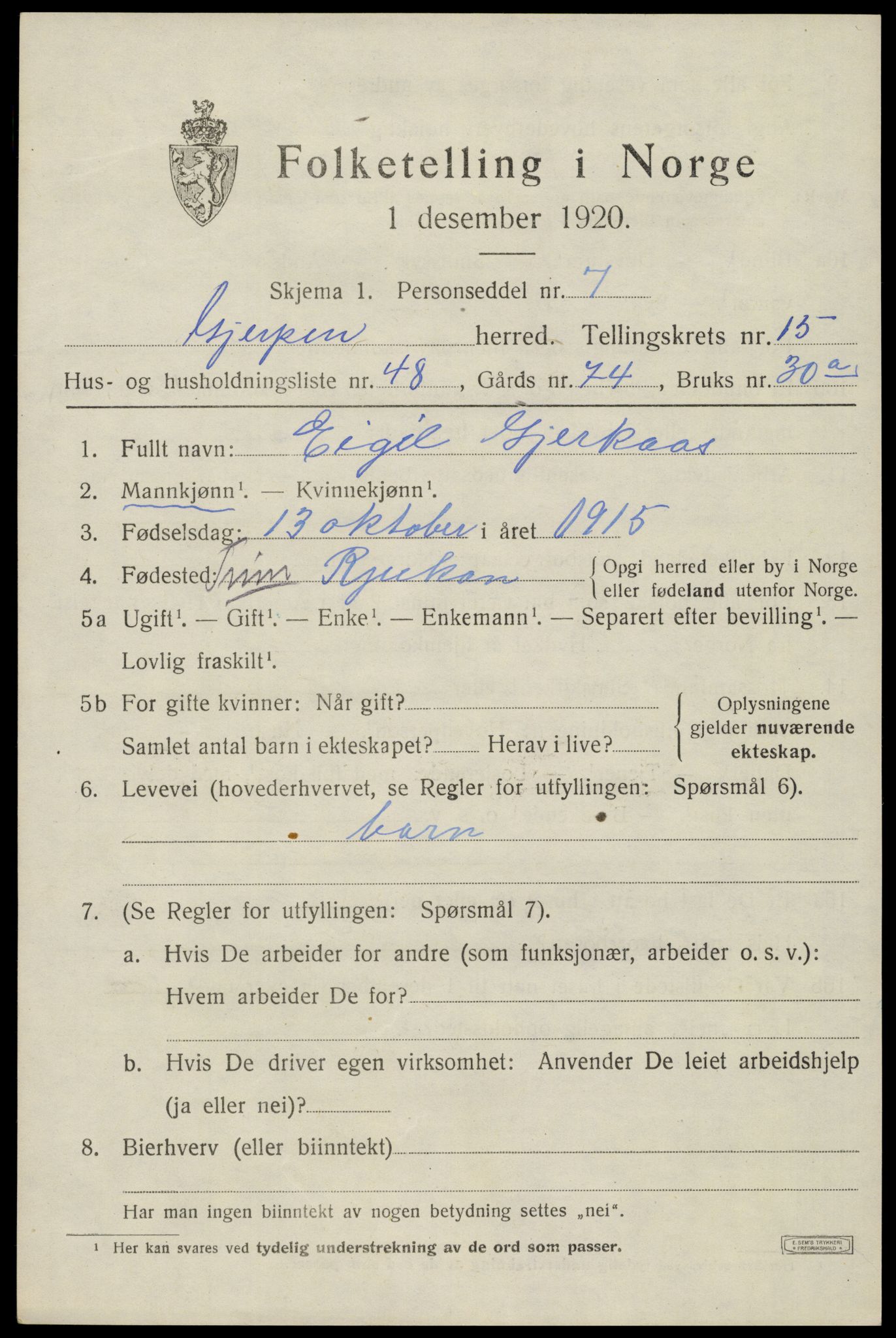 SAKO, 1920 census for Gjerpen, 1920, p. 17828