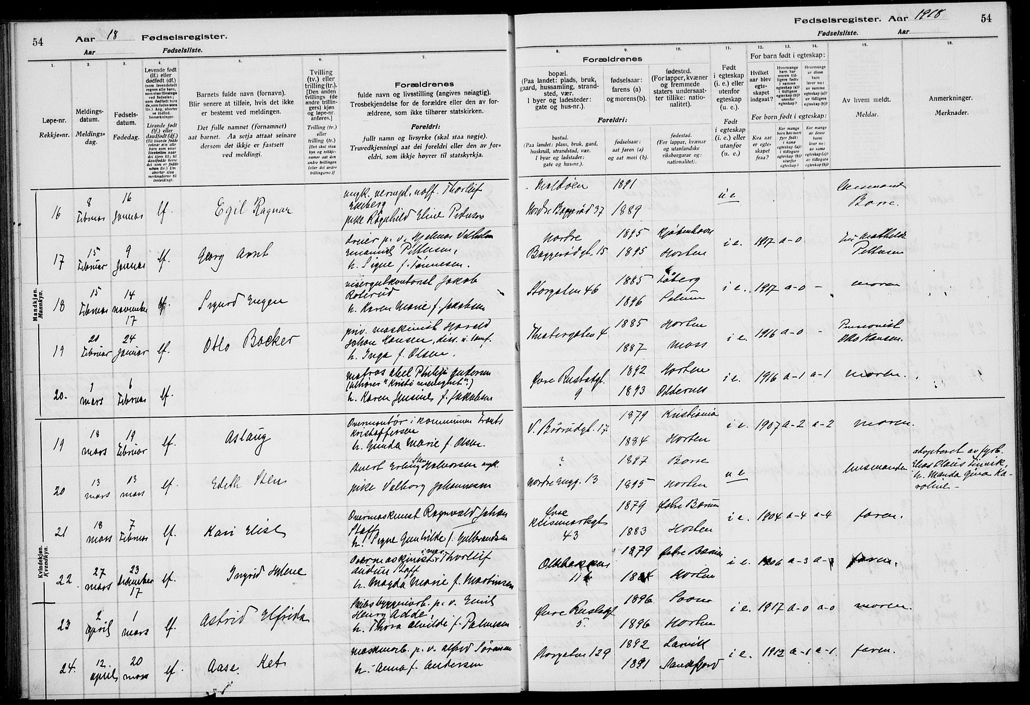 Horten kirkebøker, AV/SAKO-A-348/J/Ja/L0001: Birth register no. 1, 1916-1923, p. 54