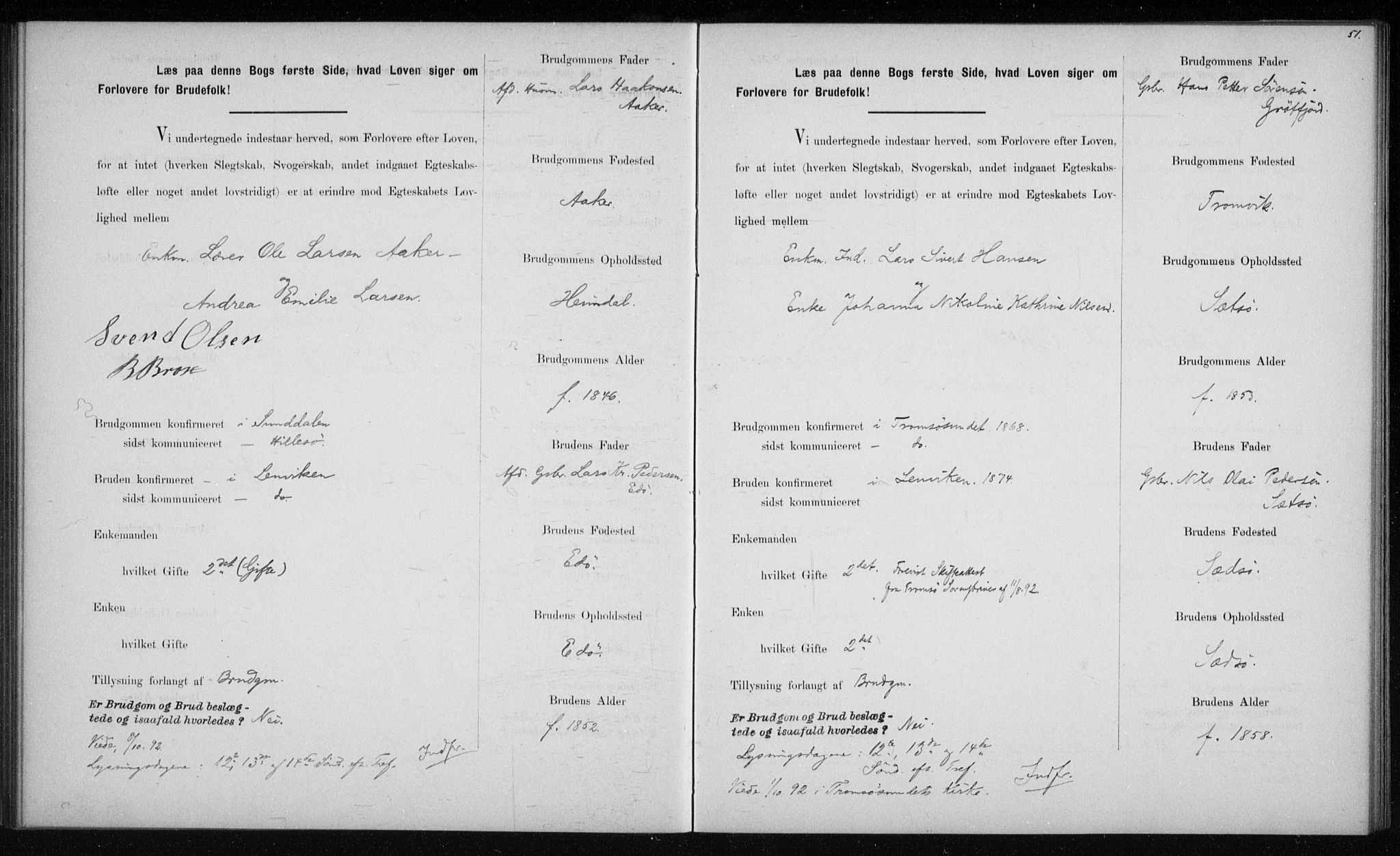 Lenvik sokneprestembete, AV/SATØ-S-1310/I/Ie/L0129: Banns register no. 129, 1890-1895, p. 51